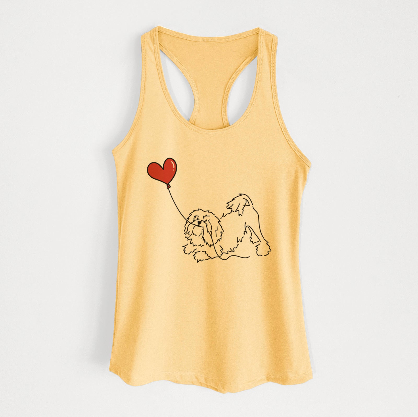 Minimalist line drawing of a Lowchen Heart String holding a heart balloon on a Banana Cream Women's racerback tanktop