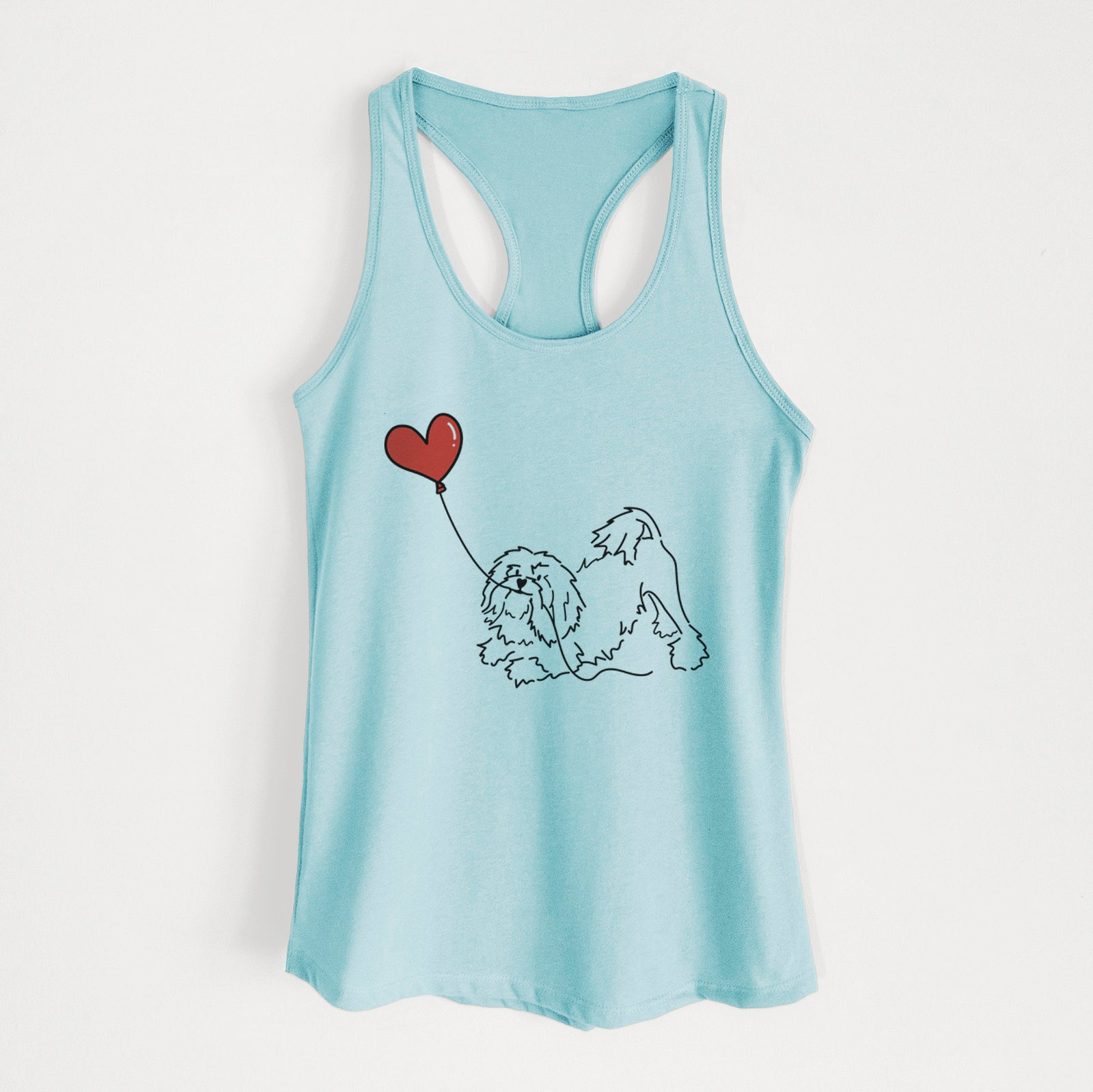 Minimalist line drawing of a Lowchen Heart String holding a heart balloon on a Cancun Blue Women's racerback tanktop
