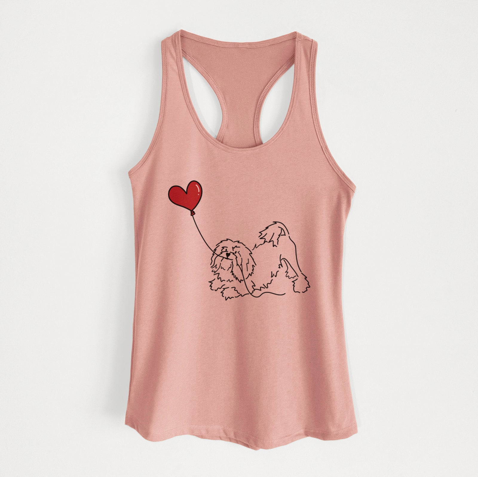 Minimalist line drawing of a Lowchen Heart String holding a heart balloon on a Desert Pink Women's racerback tanktop