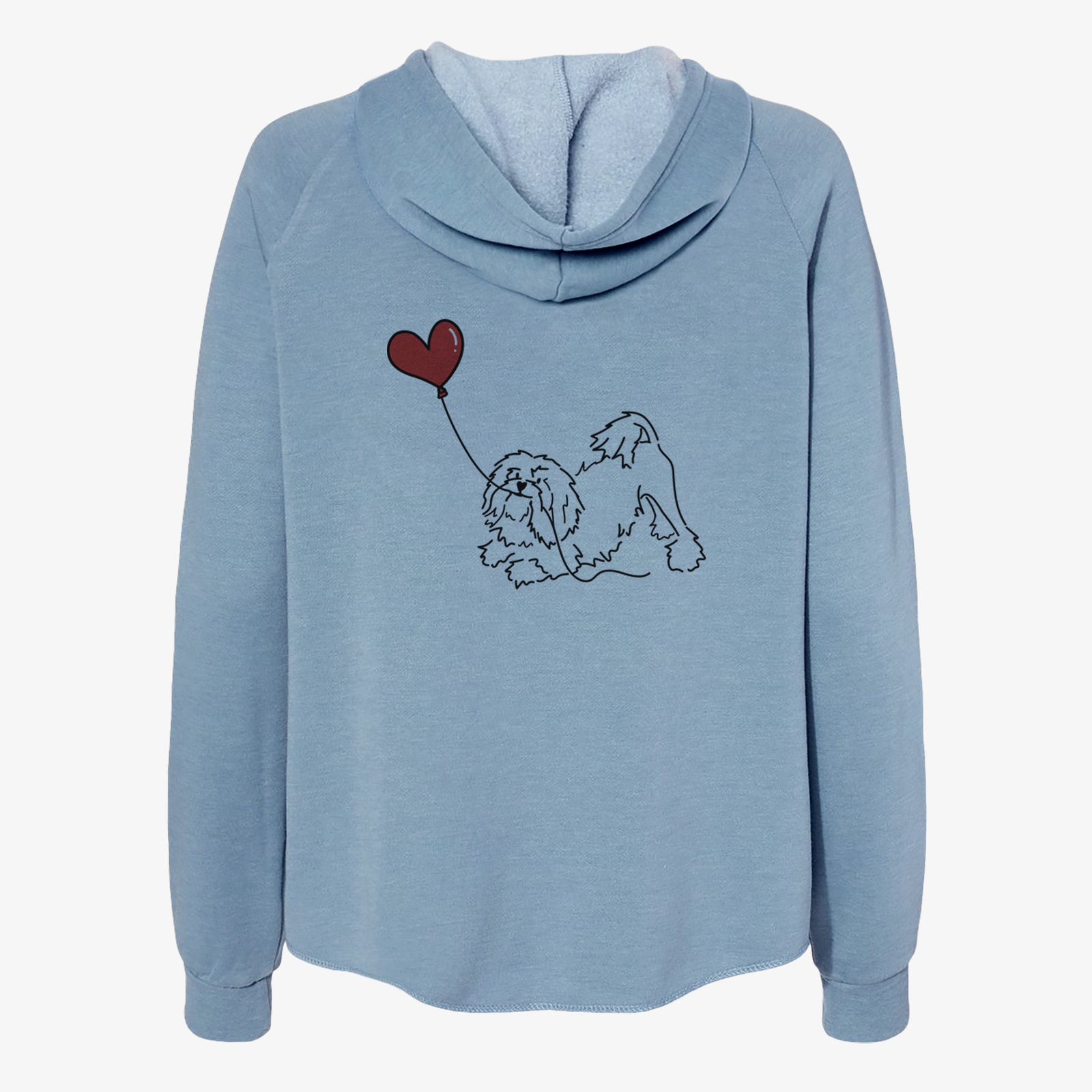 Minimalist line drawing of a Lowchen Heart String- Women's Cali Wave Zip-Up Sweatshirt holding a heart balloon on a Misty Blue Cali Wave Zipup Sweatshirt