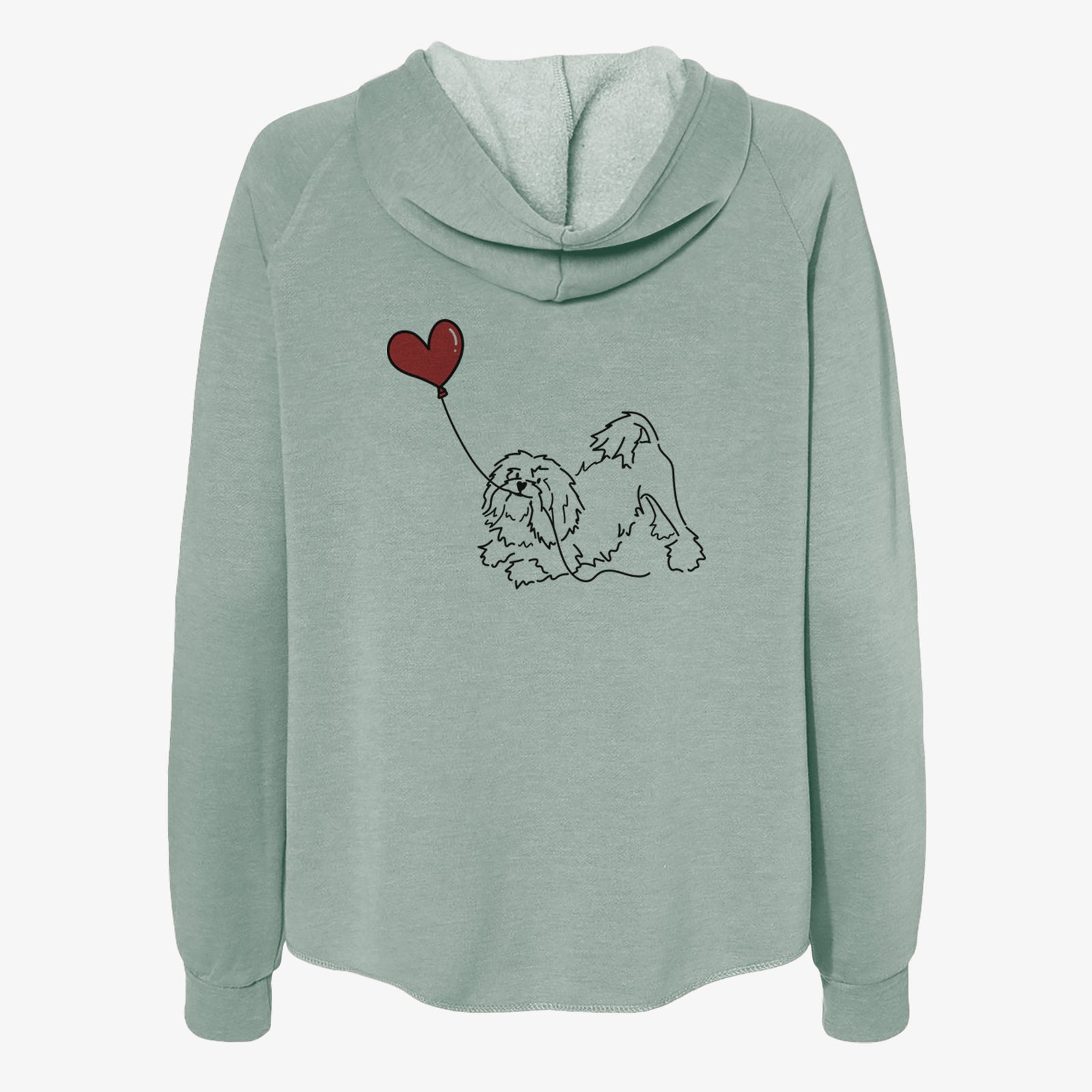 Minimalist line drawing of a Lowchen Heart String- Women's Cali Wave Zip-Up Sweatshirt holding a heart balloon on a Sage Cali Wave Zipup Sweatshirt
