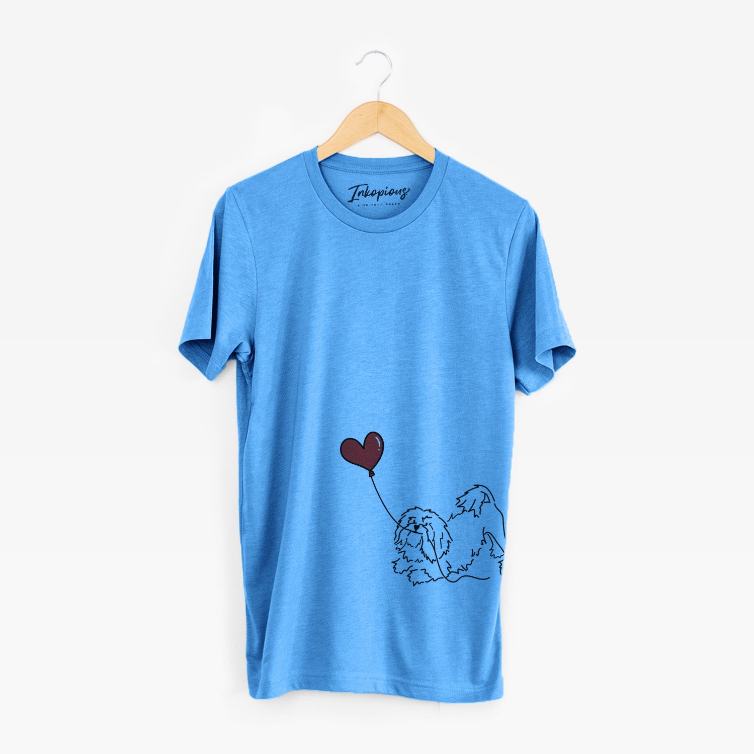 Minimalist line drawing of a Lowchen Heart String holding a heart balloon on a Blue Unisex crewneck