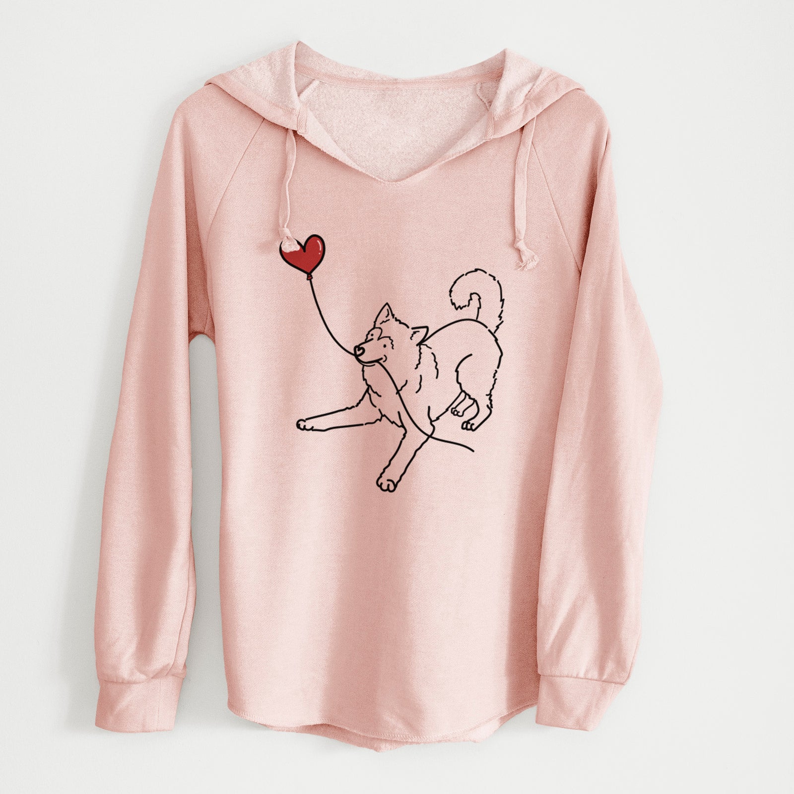 Minimalist line drawing of an Alaskan Malamute Heart String holding a heart balloon on a Blush Cali Wave Hooded Sweatshirt
