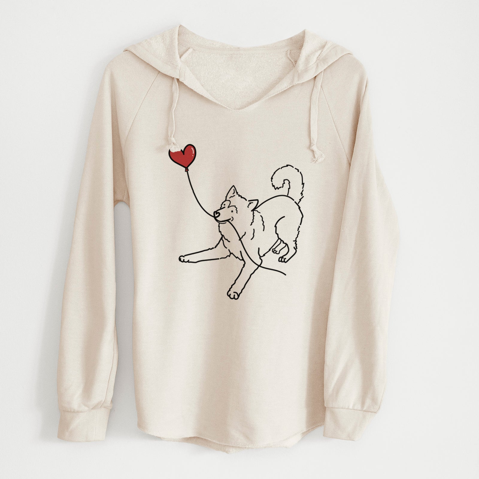 Minimalist line drawing of an Alaskan Malamute Heart String holding a heart balloon on a Bone Cali Wave Hooded Sweatshirt