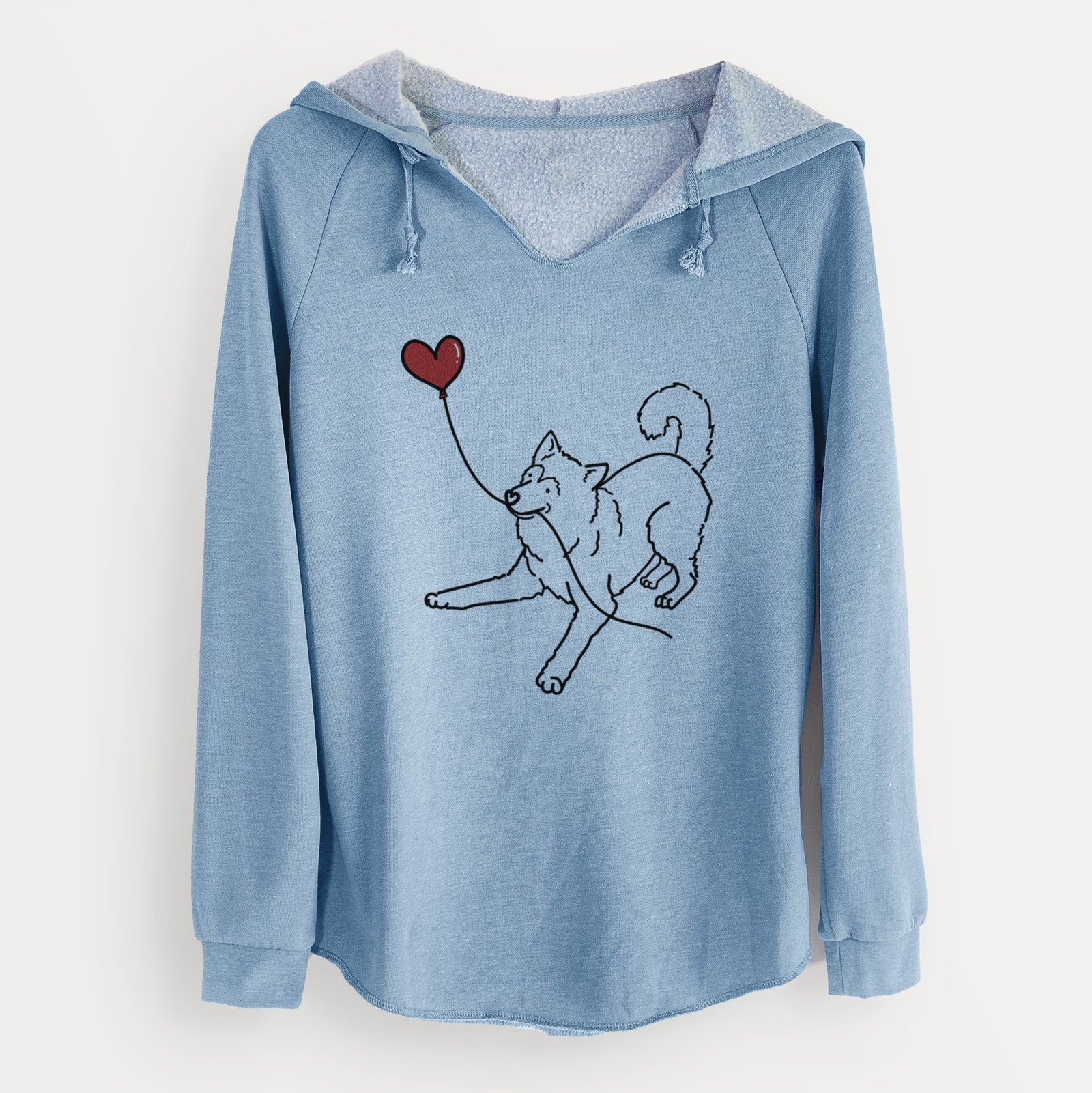 Minimalist line drawing of an Alaskan Malamute Heart String holding a heart balloon on a Misty Blue Cali Wave Hooded Sweatshirt