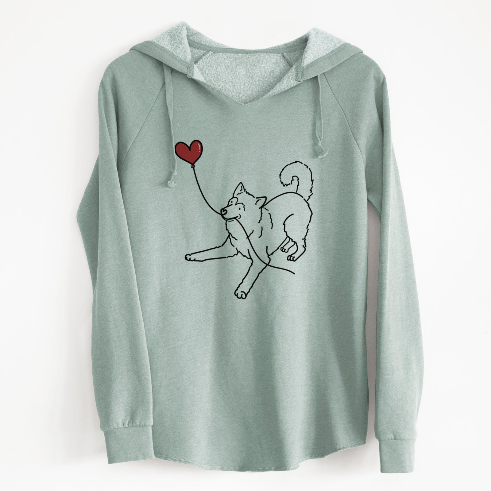 Minimalist line drawing of an Alaskan Malamute Heart String holding a heart balloon on a Sage Cali Wave Hooded Sweatshirt