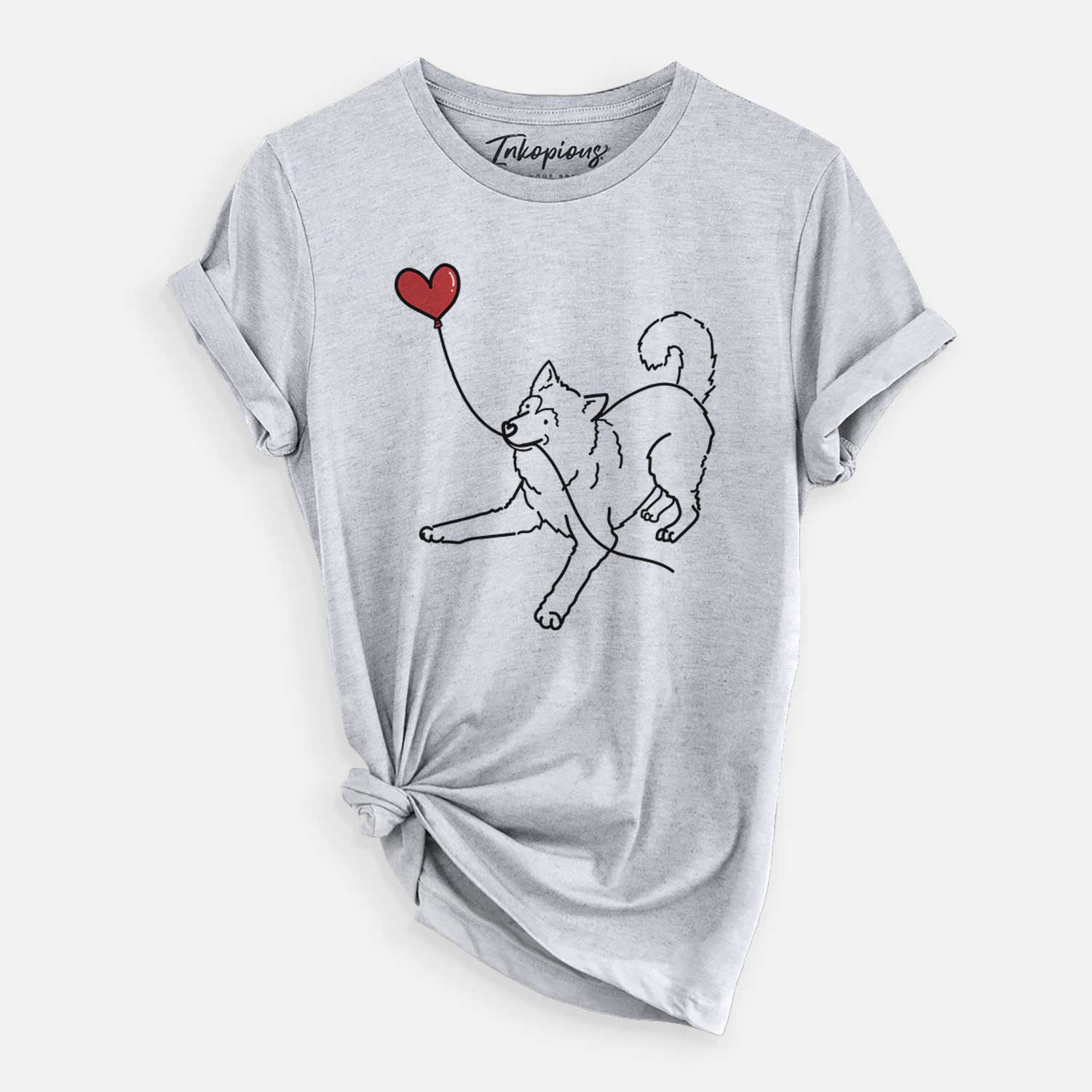 Minimalist line drawing of an Alaskan Malamute Heart String holding a heart balloon on a Grey Unisex crewneck