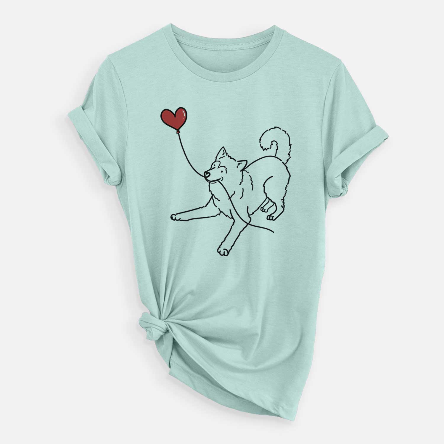 Minimalist line drawing of an Alaskan Malamute Heart String holding a heart balloon on a Heather Sage Unisex crewneck