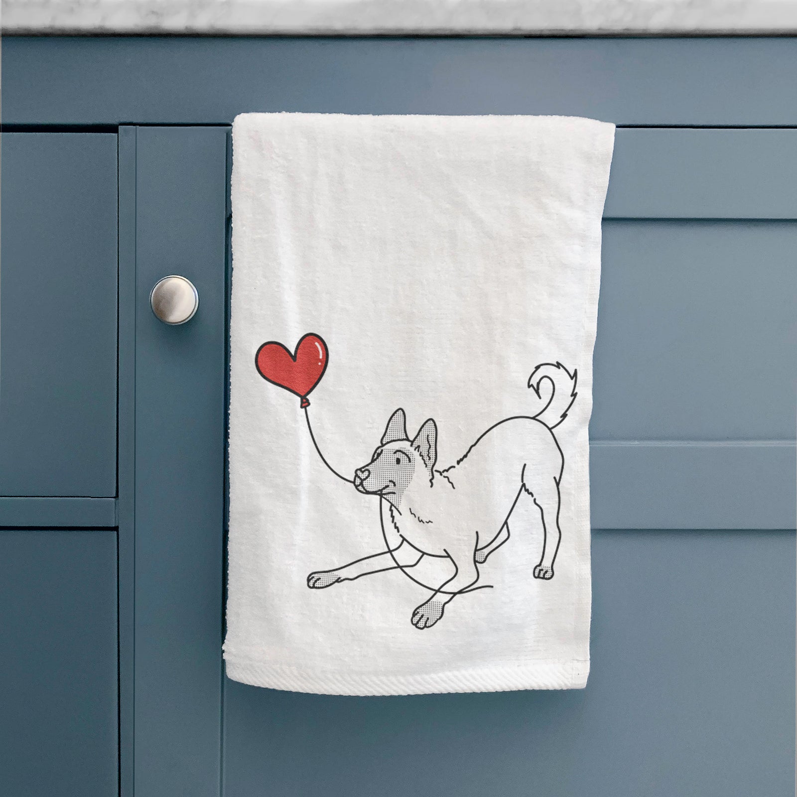 Minimalist line drawing of a Belgian Malinois Heart String holding a heart balloon on a decorative hand towel