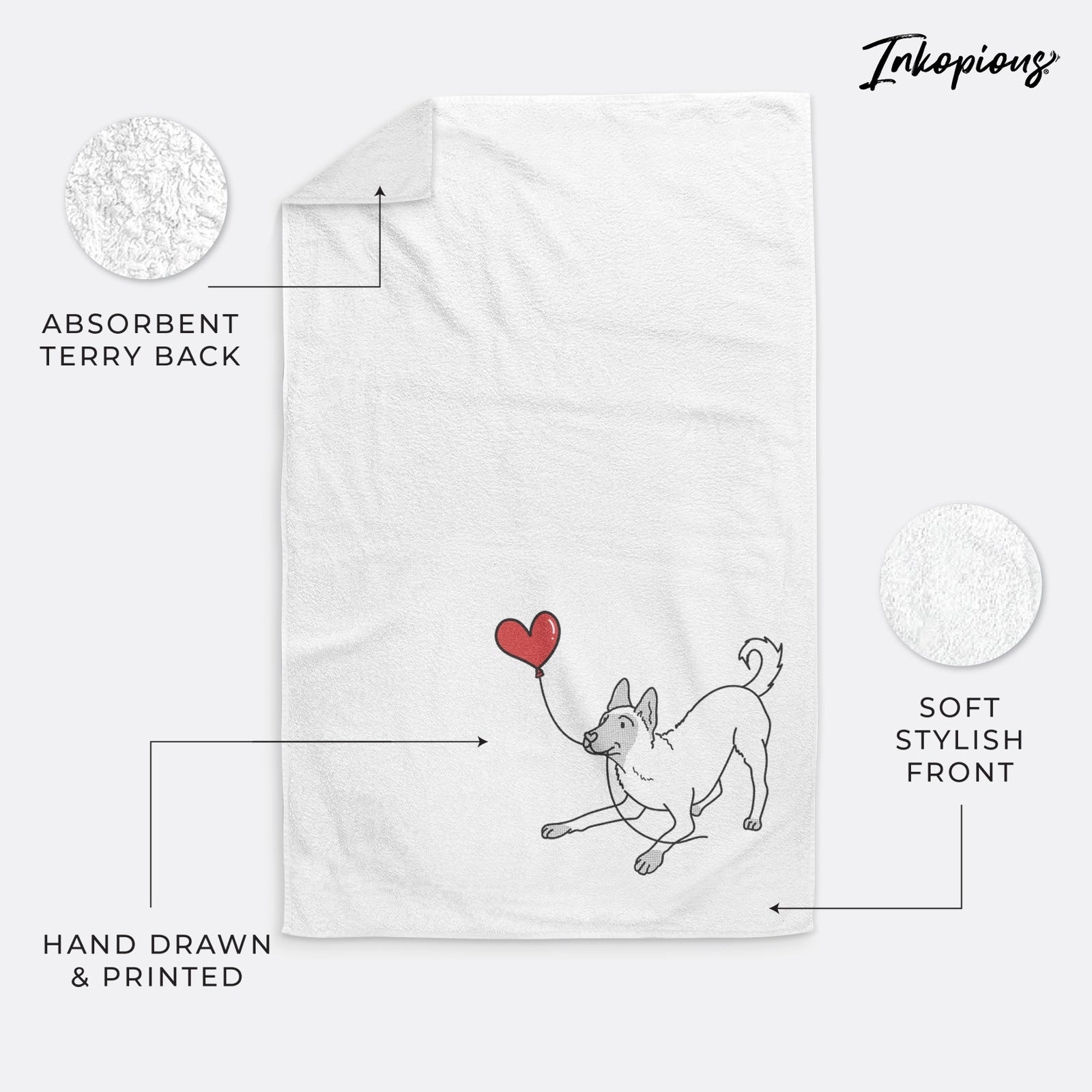Minimalist line drawing of a Belgian Malinois Heart String holding a heart balloon on a decorative hand towel