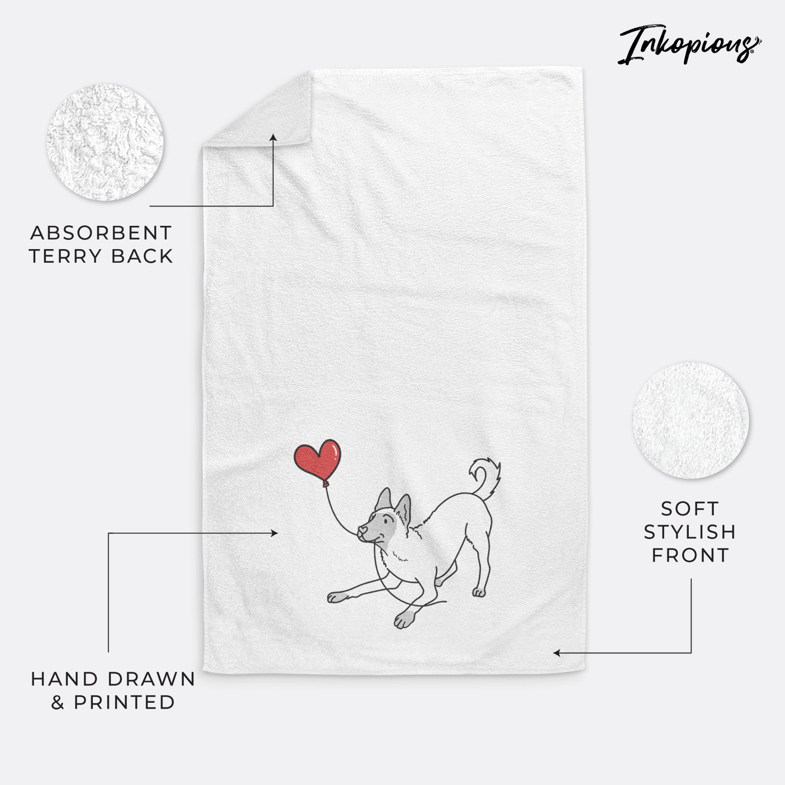 Minimalist line drawing of a Belgian Malinois Heart String holding a heart balloon on a decorative hand towel