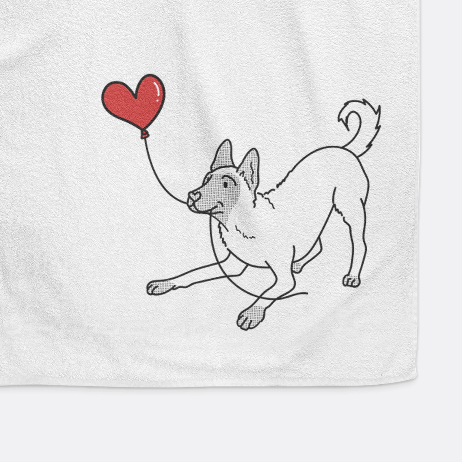 Minimalist line drawing of a Belgian Malinois Heart String holding a heart balloon on a decorative hand towel