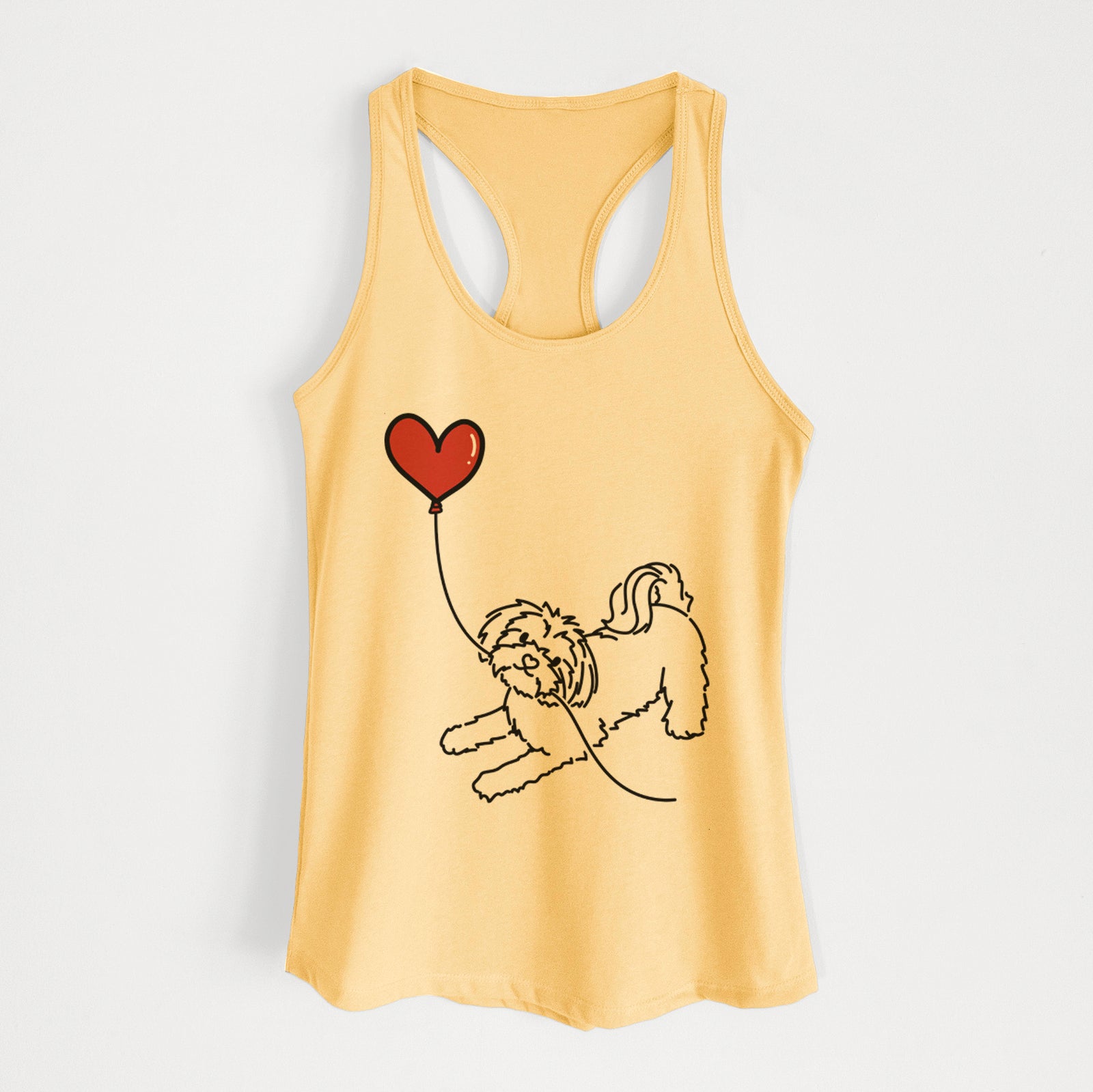 Minimalist line drawing of a Maltese Heart String holding a heart balloon on a Banana Cream Women's racerback tanktop