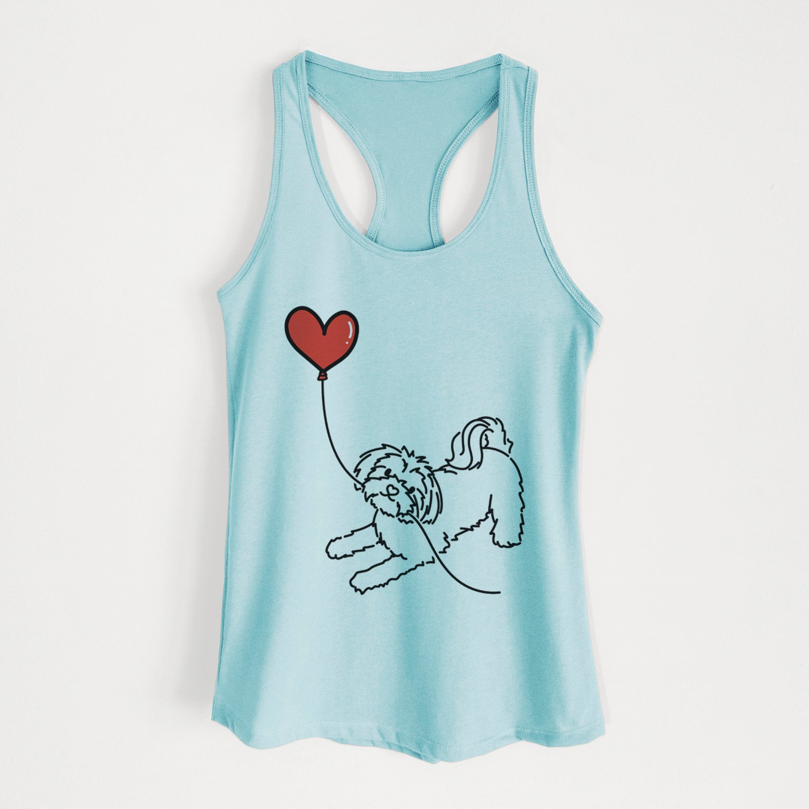Minimalist line drawing of a Maltese Heart String holding a heart balloon on a Cancun Blue Women's racerback tanktop