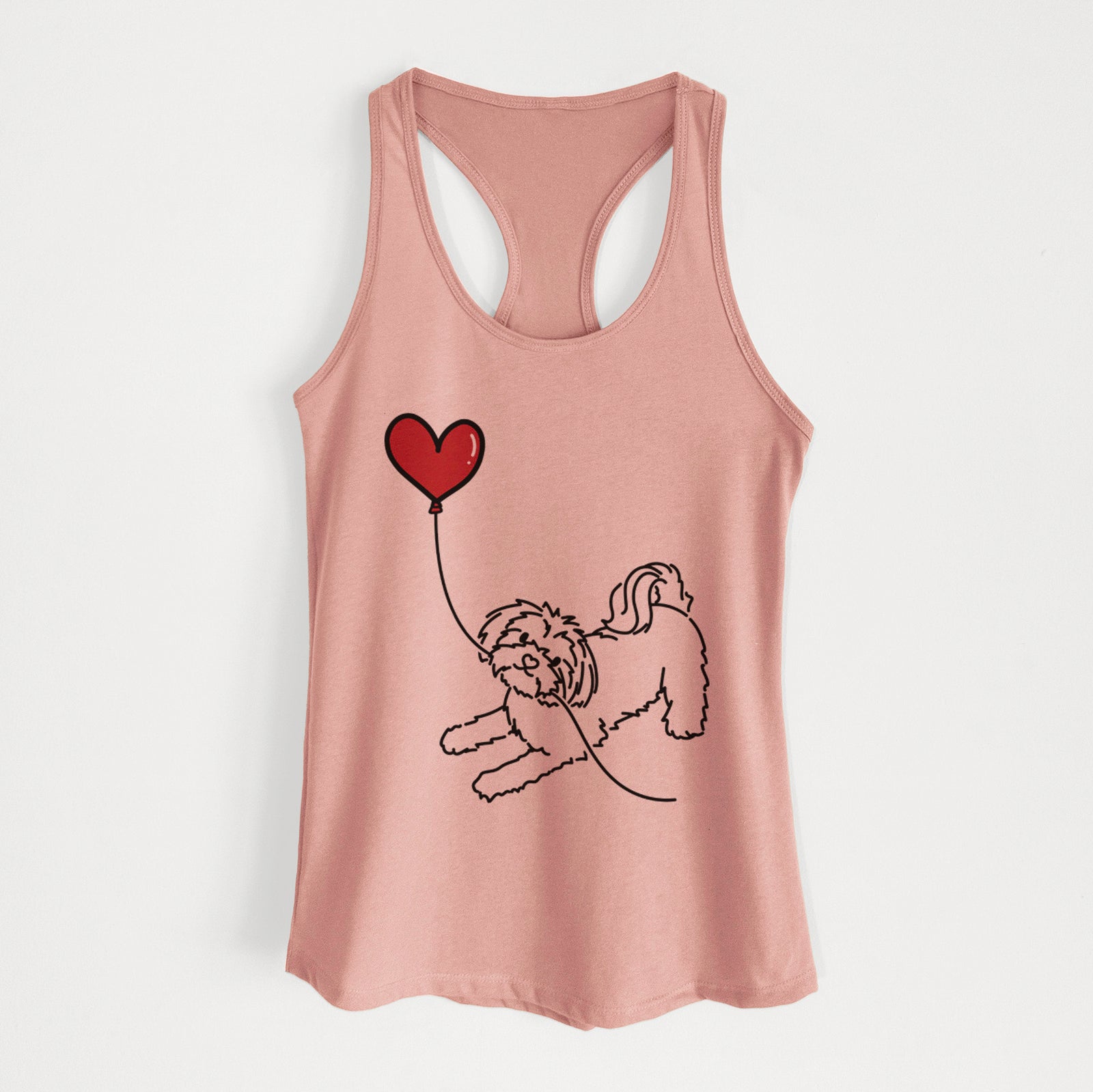 Minimalist line drawing of a Maltese Heart String holding a heart balloon on a Desert Pink Women's racerback tanktop