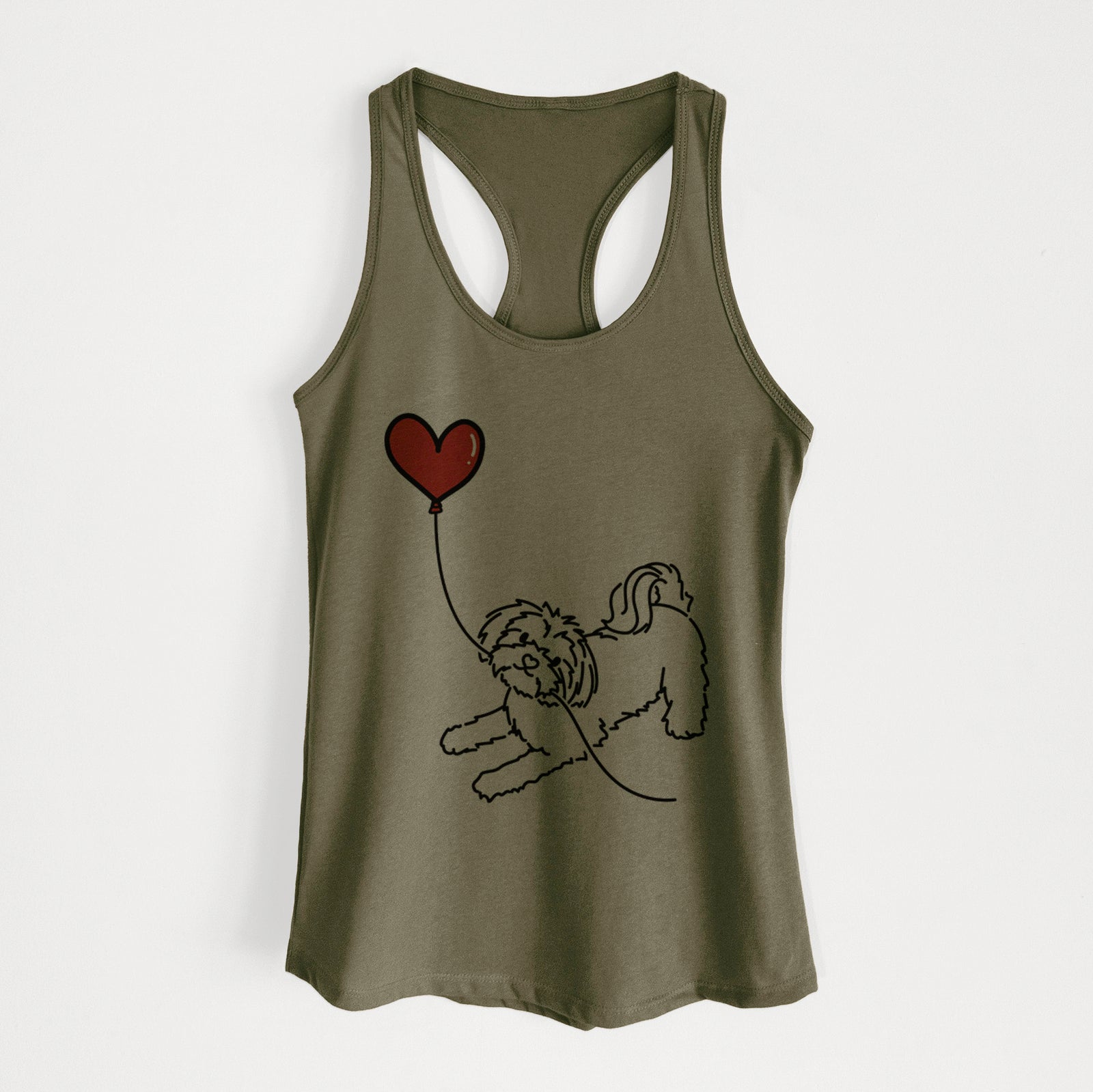 Minimalist line drawing of a Maltese Heart String holding a heart balloon on a Military Green Women's racerback tanktop