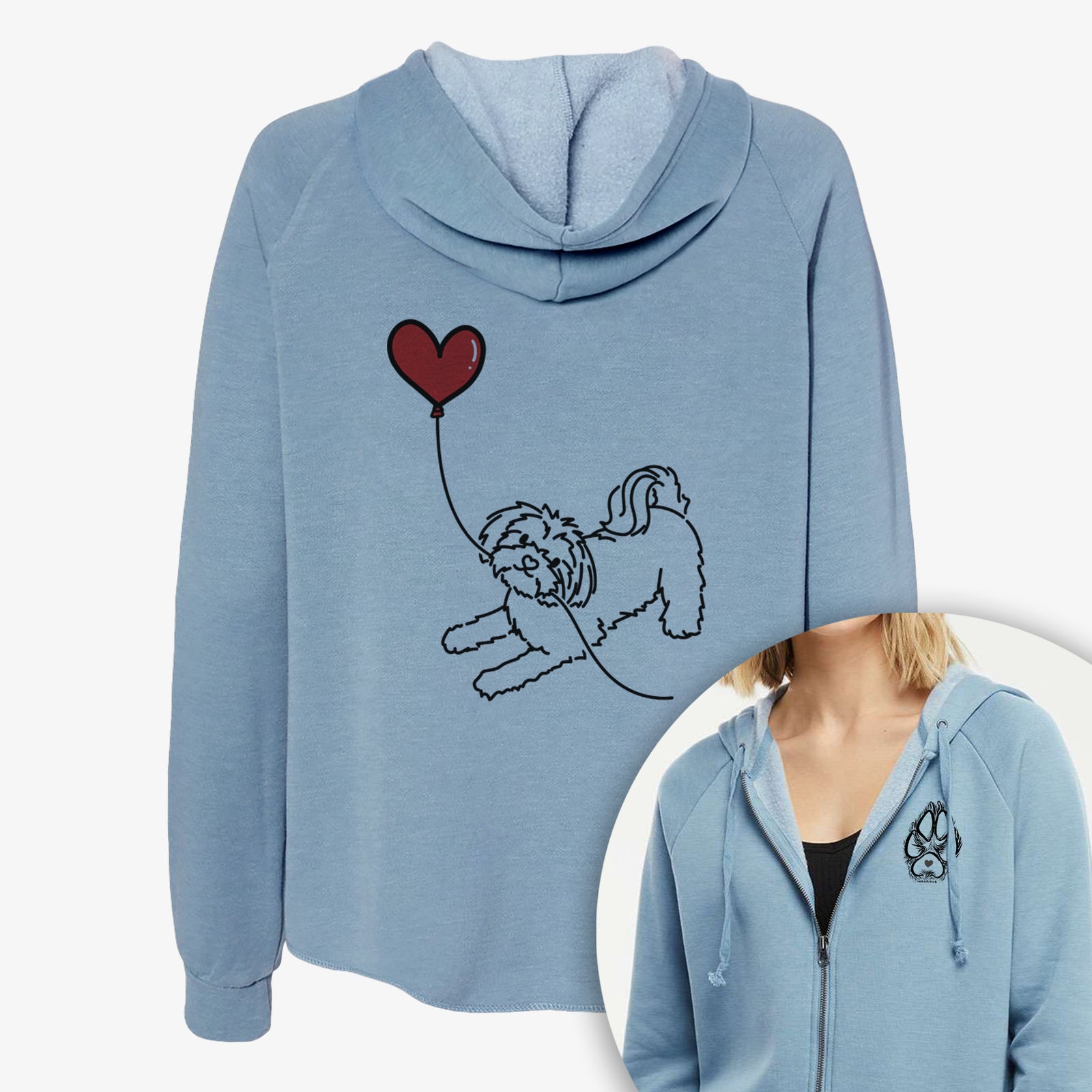 Minimalist line drawing of a Maltese Heart String- Women's Cali Wave Zip-Up Sweatshirt holding a heart balloon on a Cali Wave Zipup Sweatshirt, shown with icons of the other available costume styles