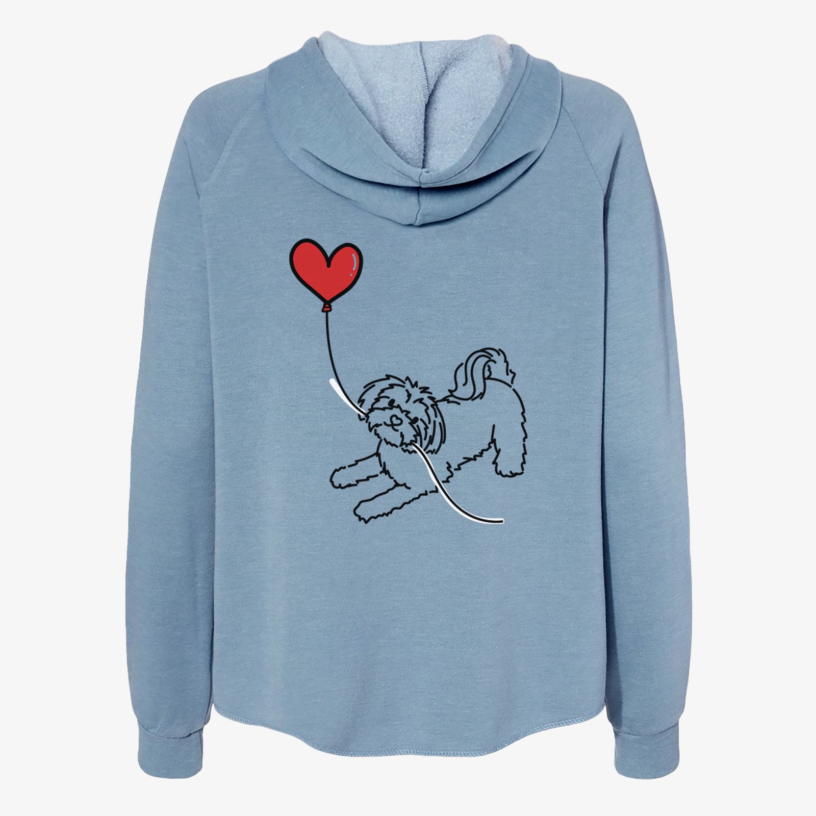 Minimalist line drawing of a Maltese Heart String- Women's Cali Wave Zip-Up Sweatshirt holding a heart balloon on a Misty Blue Cali Wave Zipup Sweatshirt