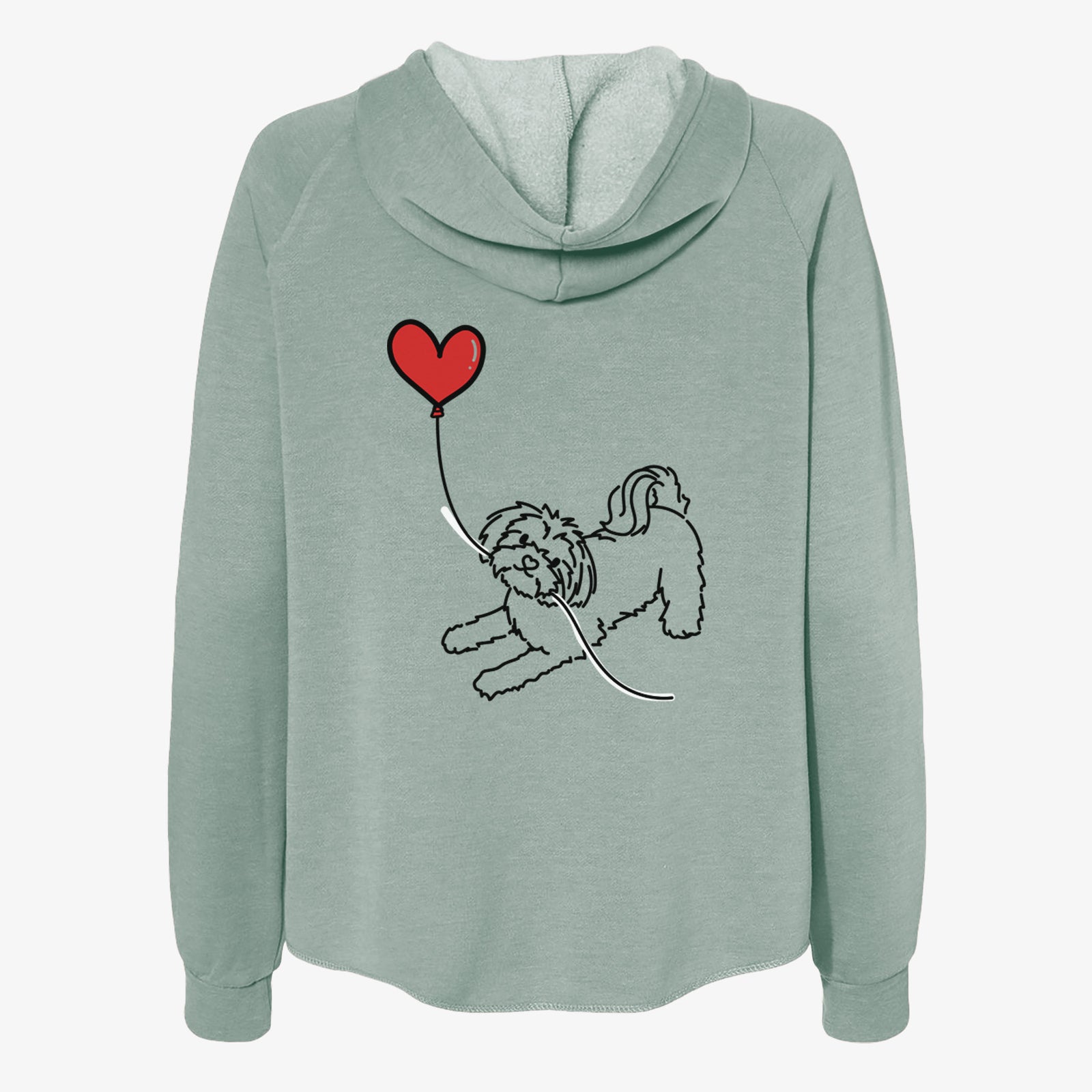 Minimalist line drawing of a Maltese Heart String- Women's Cali Wave Zip-Up Sweatshirt holding a heart balloon on a Sage Cali Wave Zipup Sweatshirt