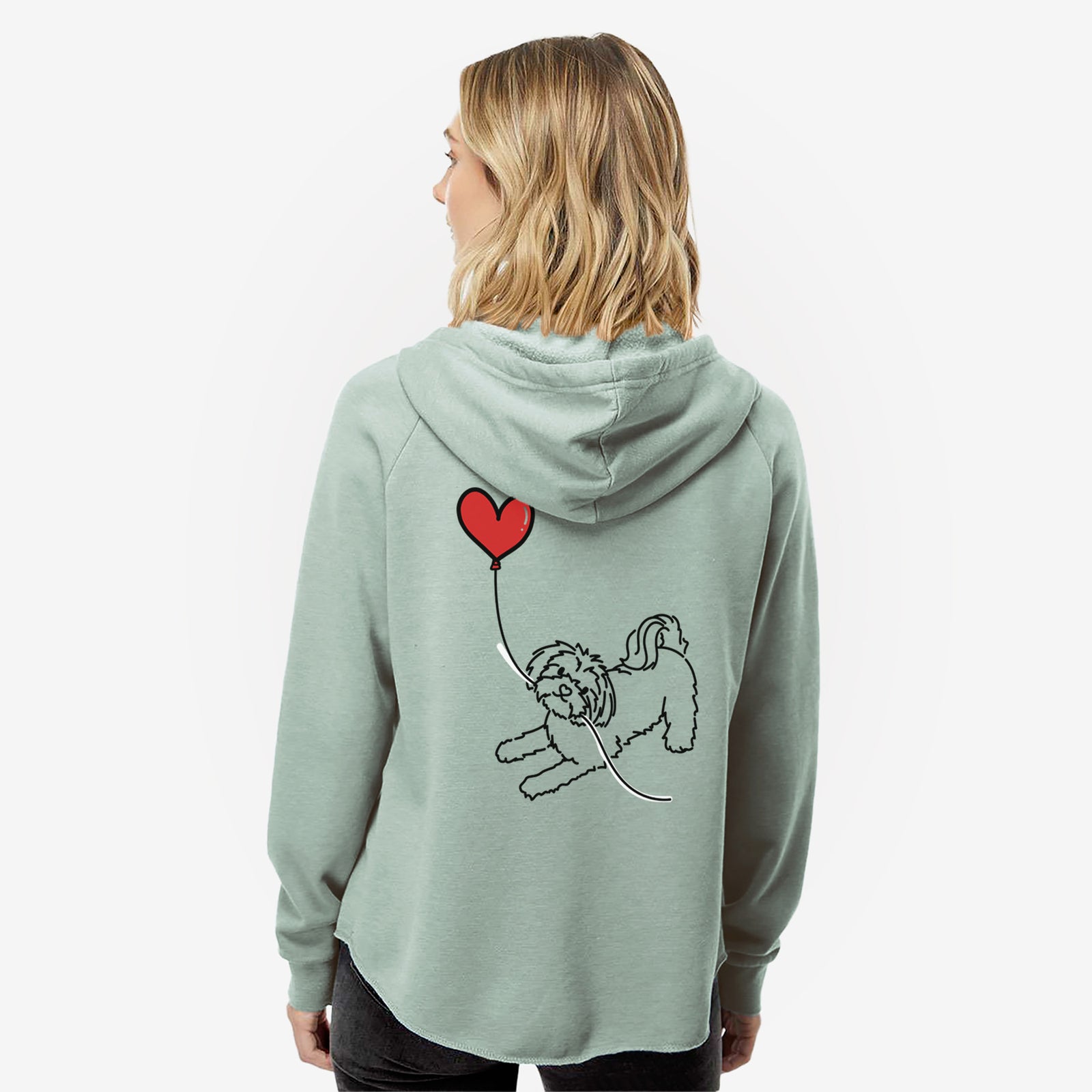 Minimalist line drawing of a Maltese Heart String- Women's Cali Wave Zip-Up Sweatshirt holding a heart balloon on a Sage Cali Wave Zipup Sweatshirt