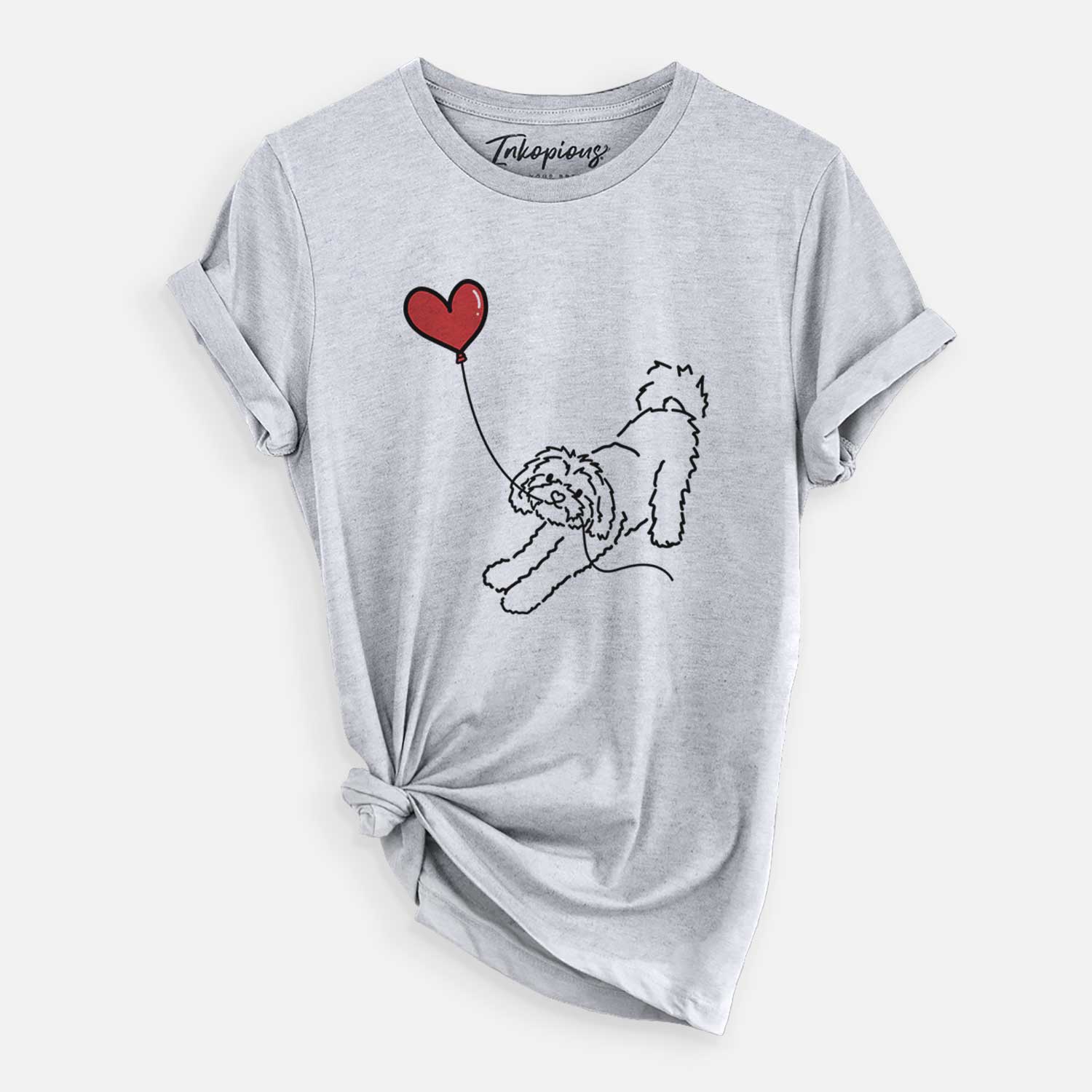 Minimalist line drawing of a Maltipoo Heart String holding a heart balloon on a Grey Unisex crewneck