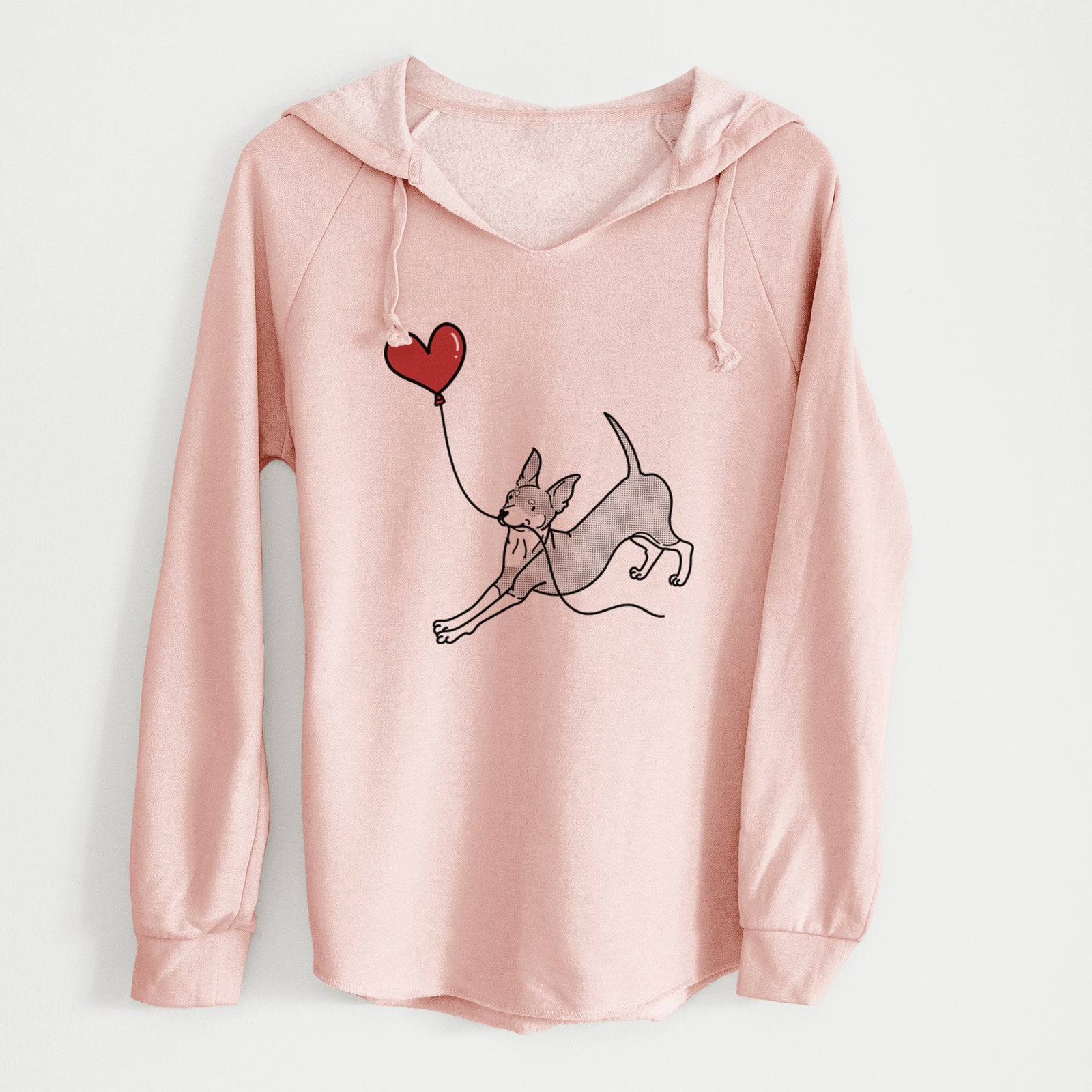 Minimalist line drawing of a Mini Pinscher Heart String holding a heart balloon on a Blush Cali Wave Hooded Sweatshirt