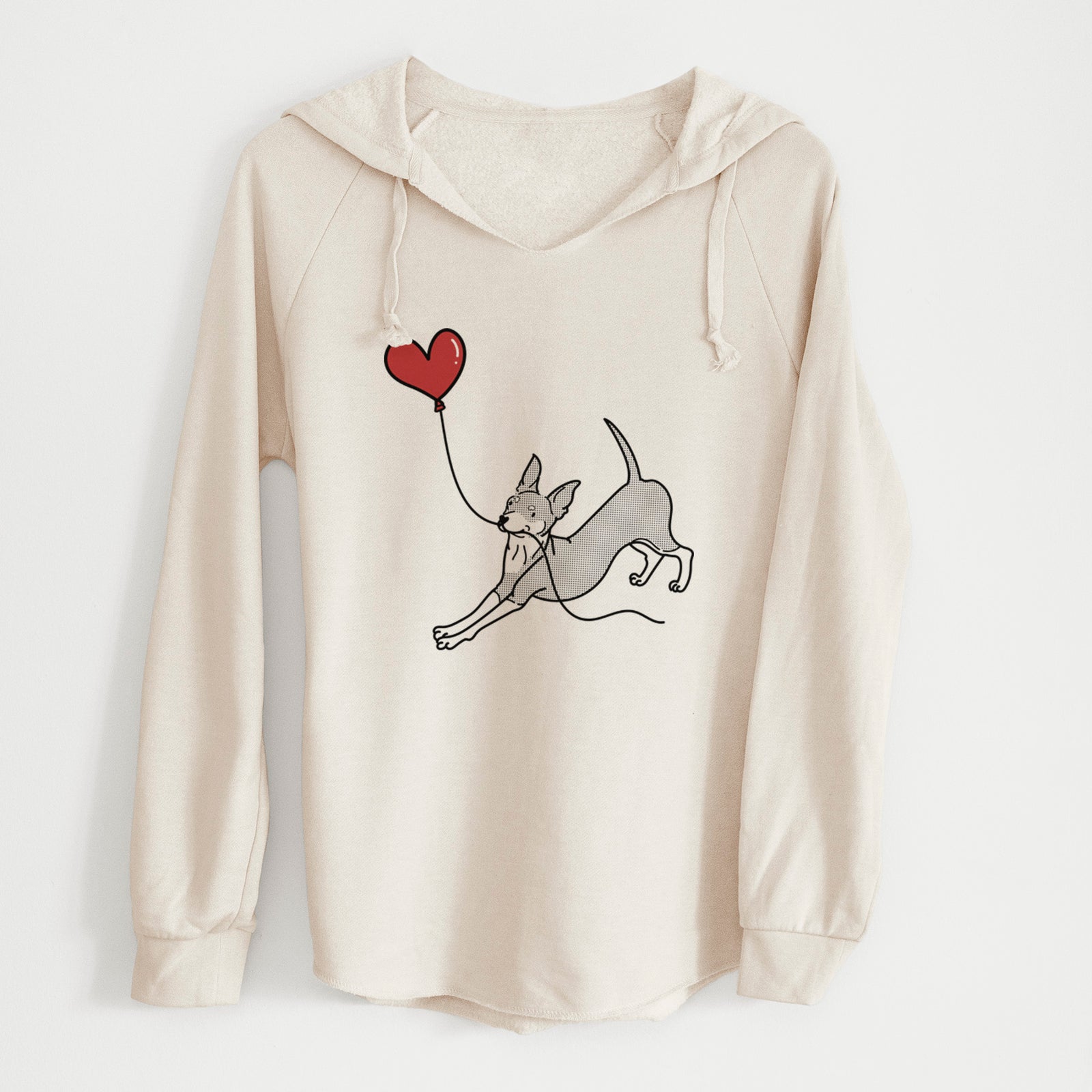 Minimalist line drawing of a Mini Pinscher Heart String holding a heart balloon on a Bone Cali Wave Hooded Sweatshirt