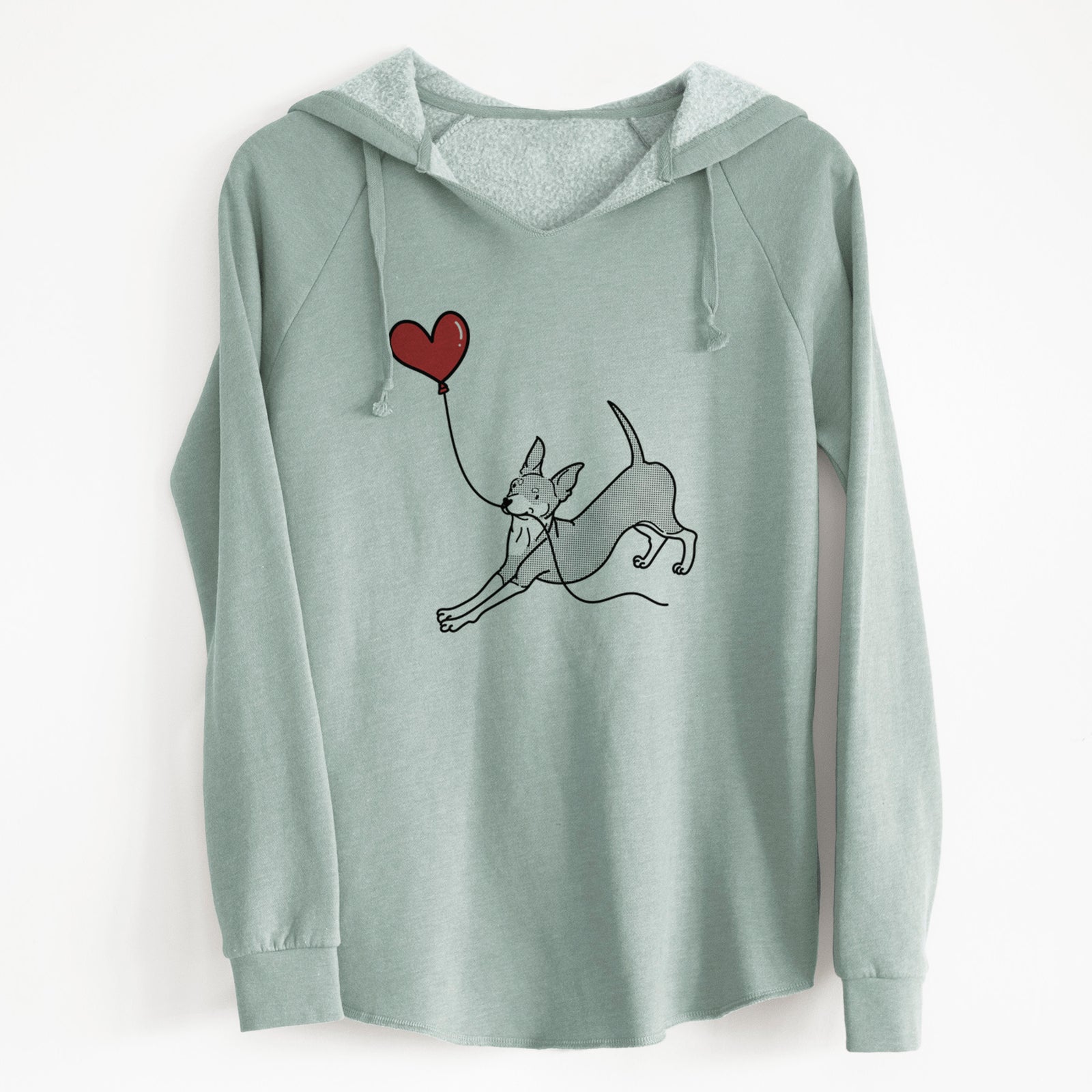 Minimalist line drawing of a Mini Pinscher Heart String holding a heart balloon on a Sage Cali Wave Hooded Sweatshirt