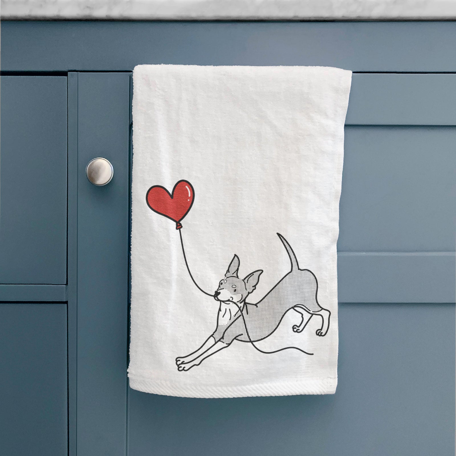 Minimalist line drawing of a Mini Pinscher Heart String holding a heart balloon on a decorative hand towel