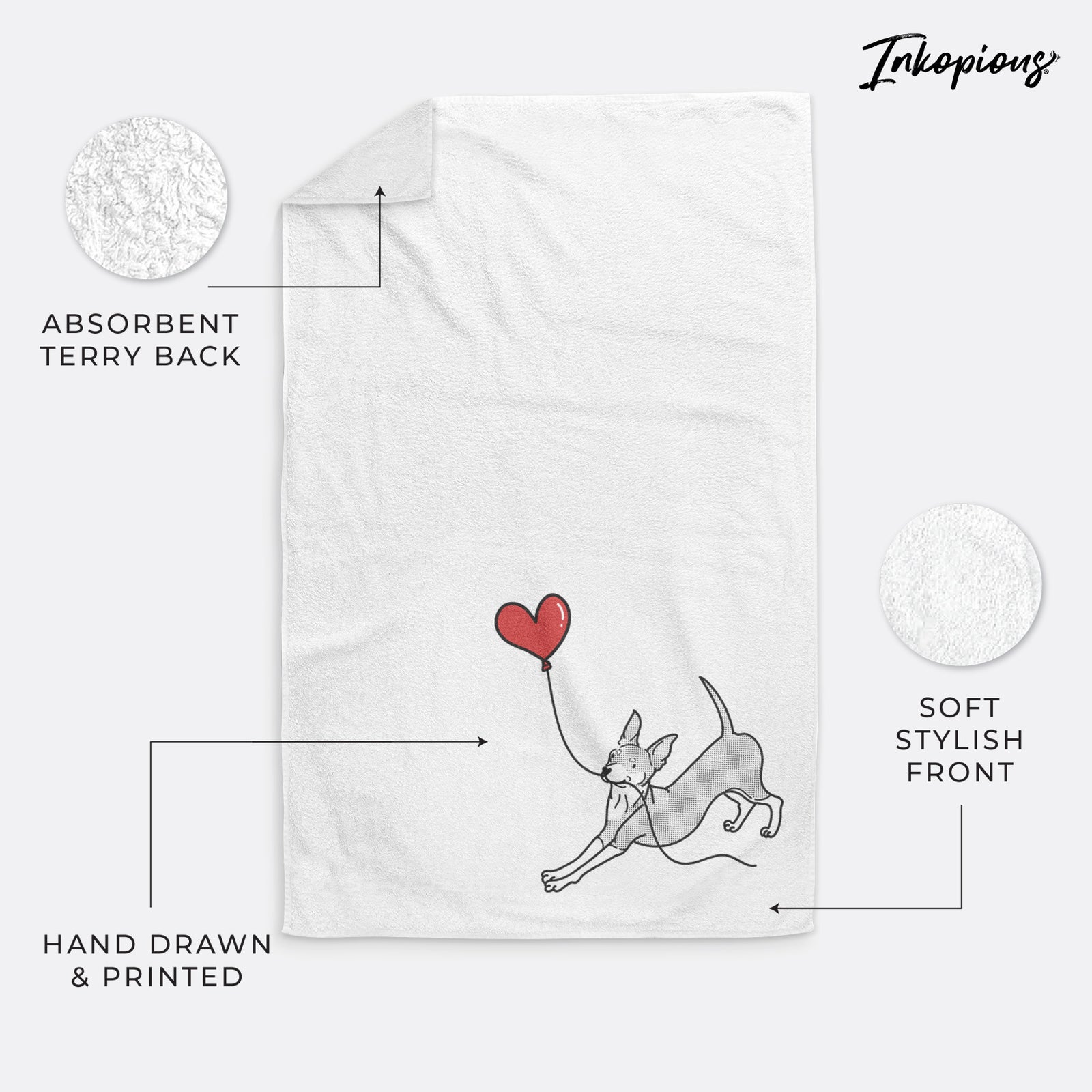 Minimalist line drawing of a Mini Pinscher Heart String holding a heart balloon on a decorative hand towel