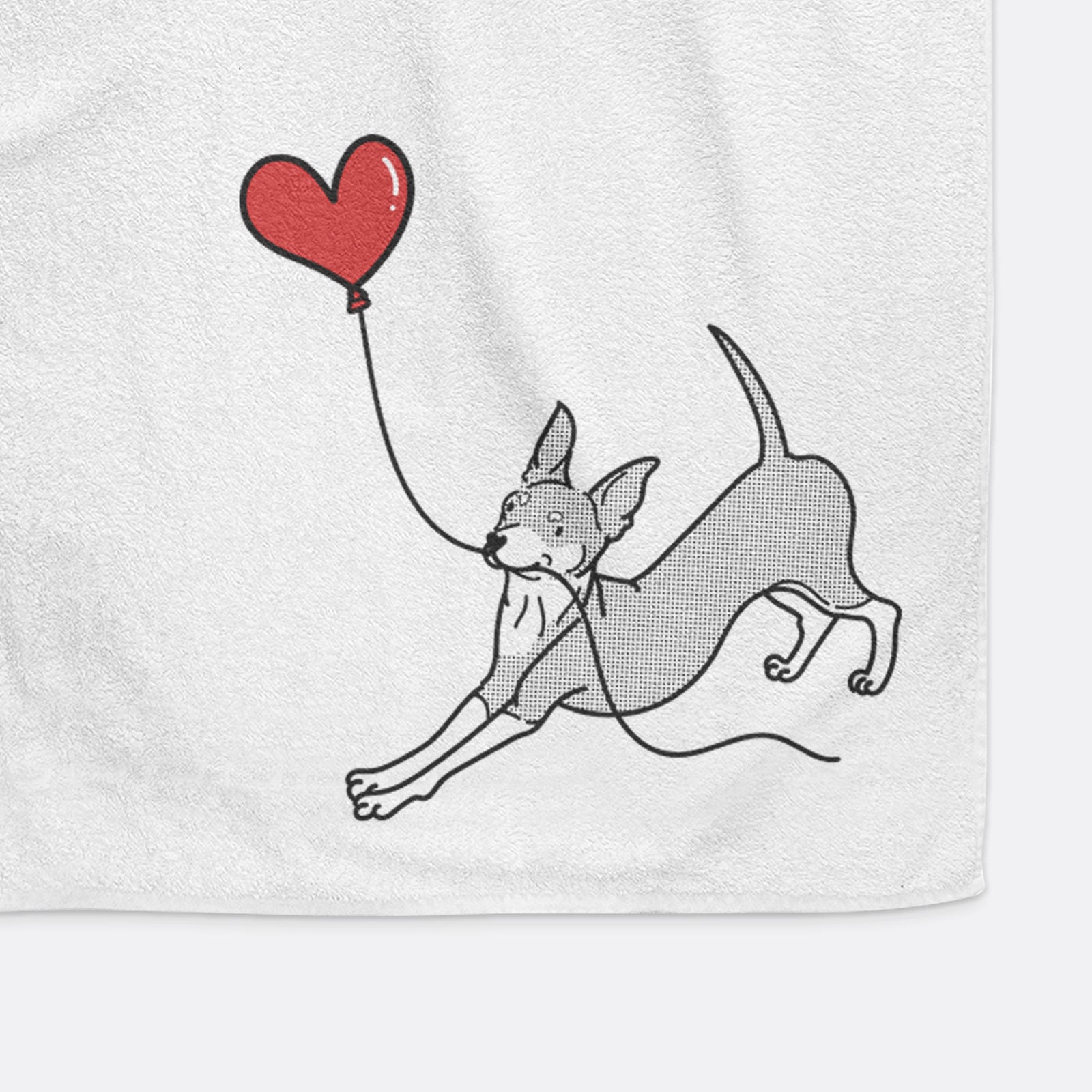 Minimalist line drawing of a Mini Pinscher Heart String holding a heart balloon on a decorative hand towel