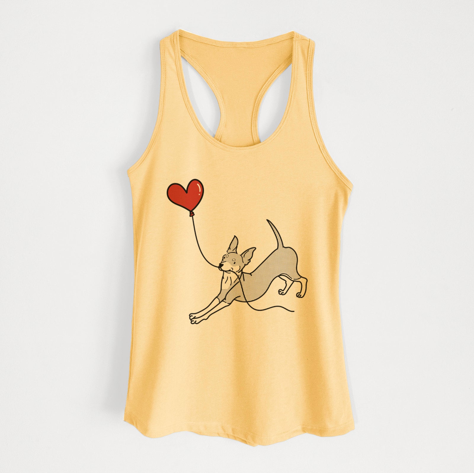 Minimalist line drawing of a Mini Pinscher Heart String holding a heart balloon on a Banana Cream Women's racerback tanktop