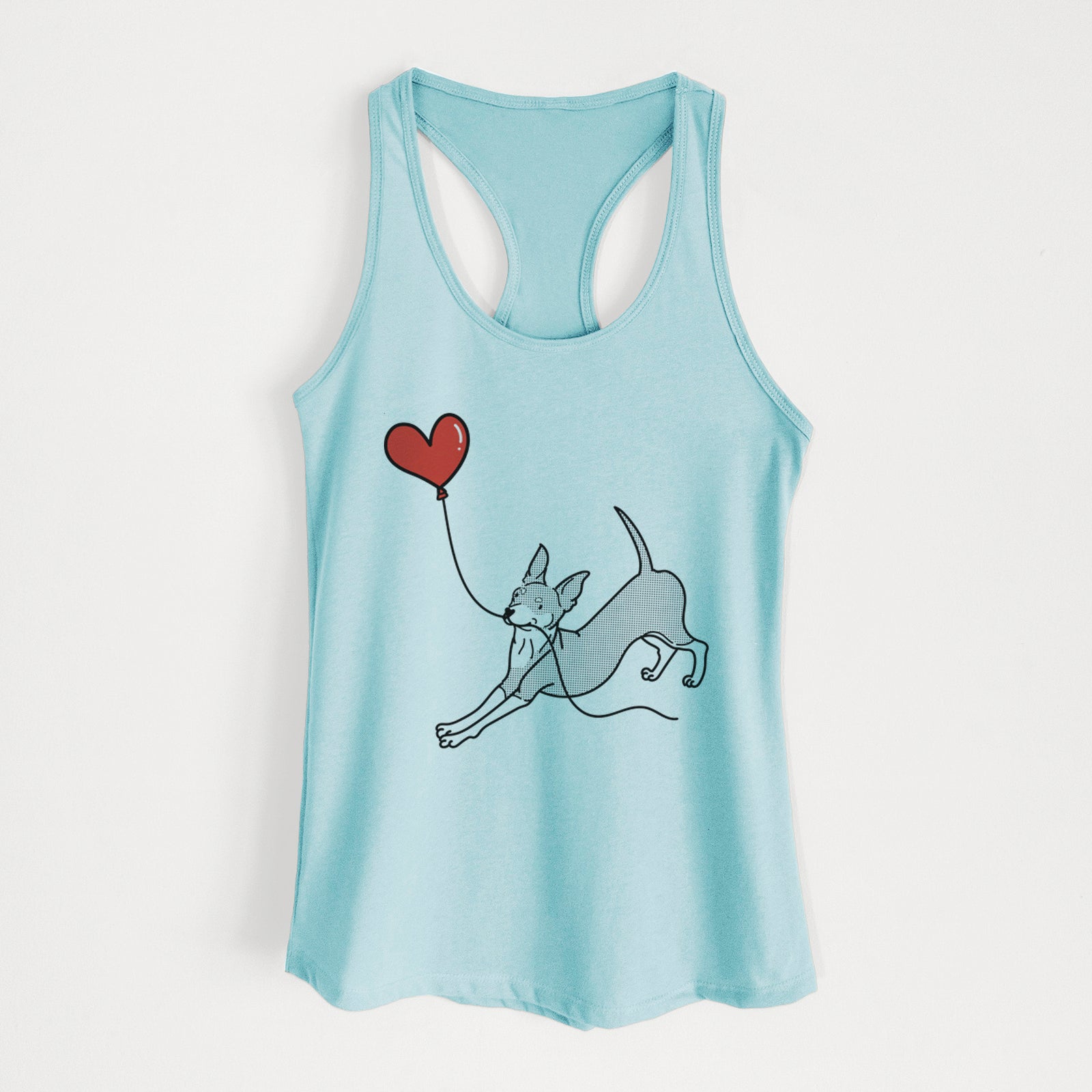 Minimalist line drawing of a Mini Pinscher Heart String holding a heart balloon on a Cancun Blue Women's racerback tanktop