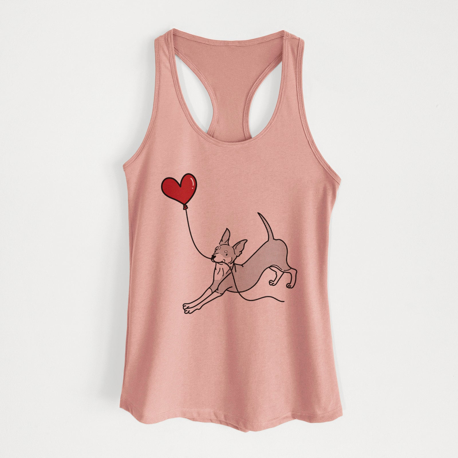 Minimalist line drawing of a Mini Pinscher Heart String holding a heart balloon on a Desert Pink Women's racerback tanktop