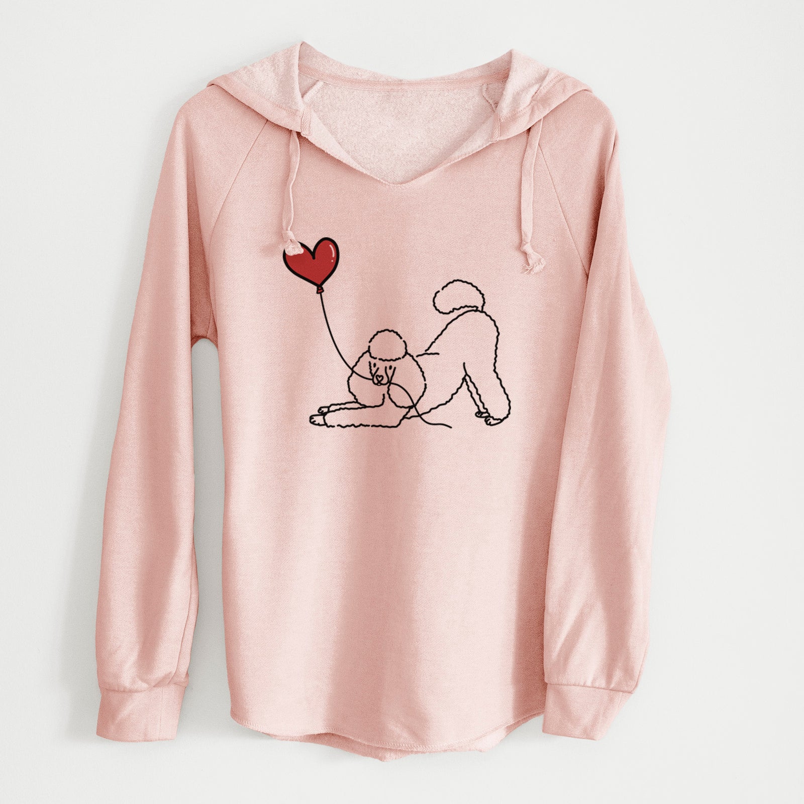 Minimalist line drawing of a Mini Poodle Heart String holding a heart balloon on a Blush Cali Wave Hooded Sweatshirt