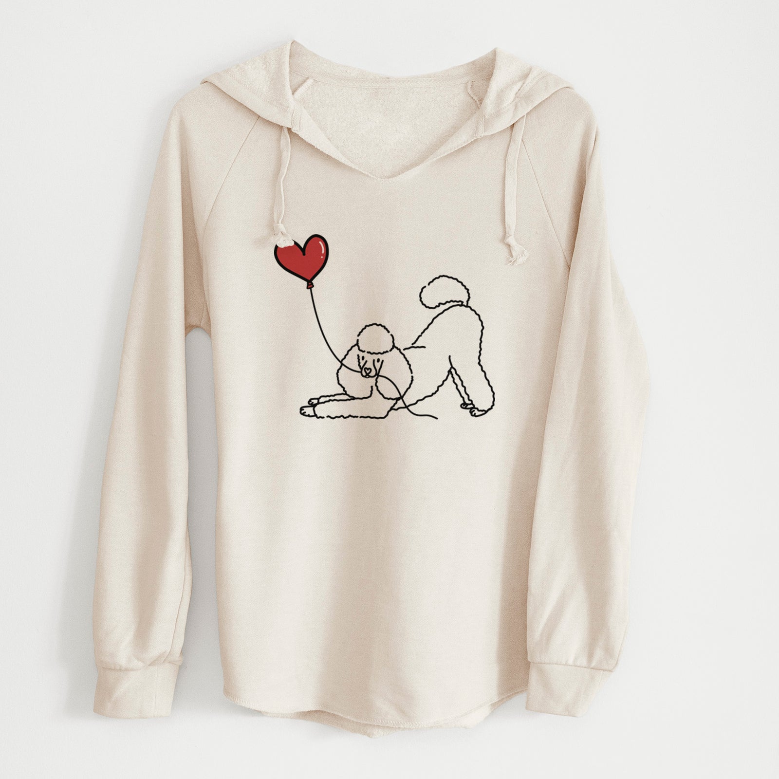 Minimalist line drawing of a Mini Poodle Heart String holding a heart balloon on a Bone Cali Wave Hooded Sweatshirt