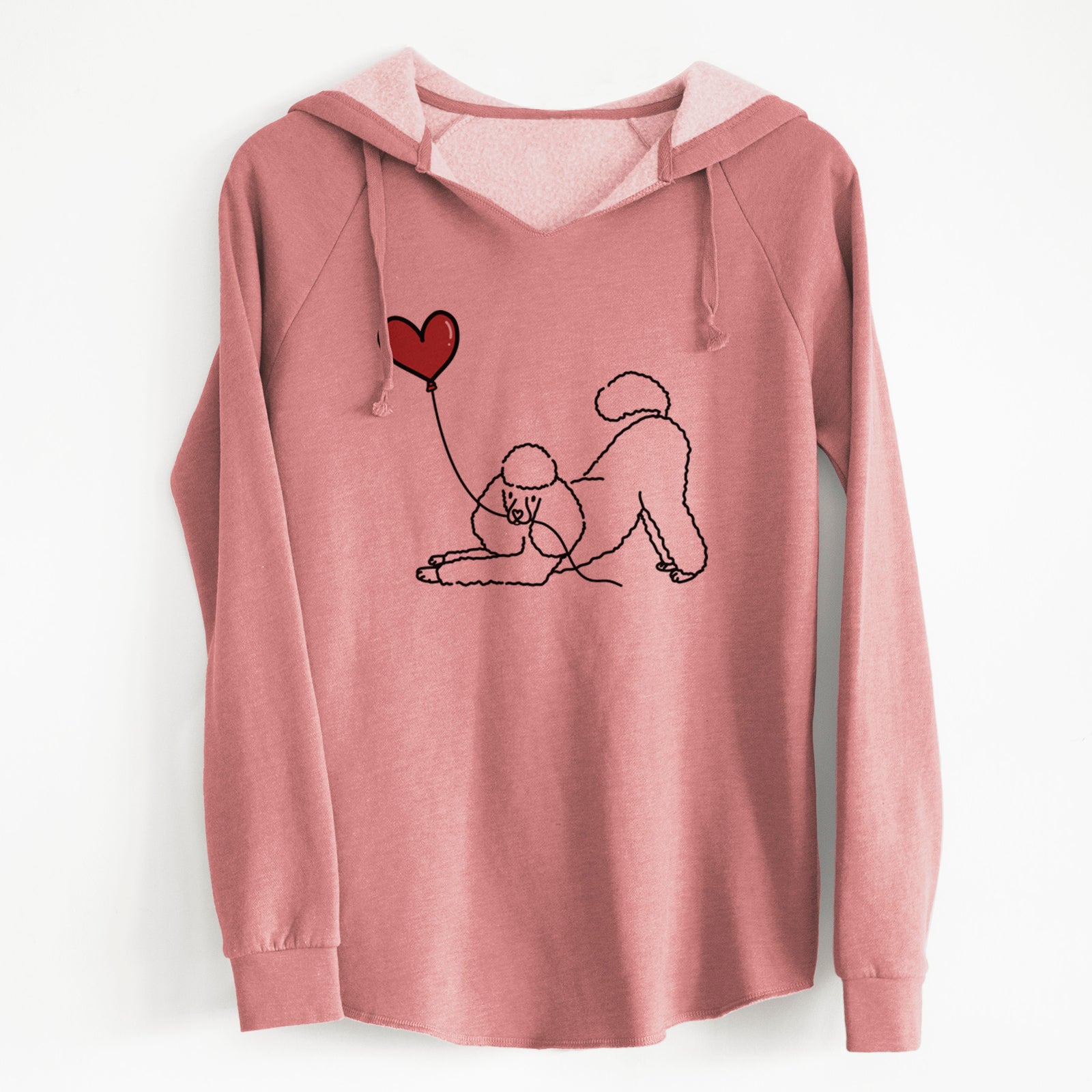 Minimalist line drawing of a Mini Poodle Heart String holding a heart balloon on a Dusty Rose Cali Wave Hooded Sweatshirt