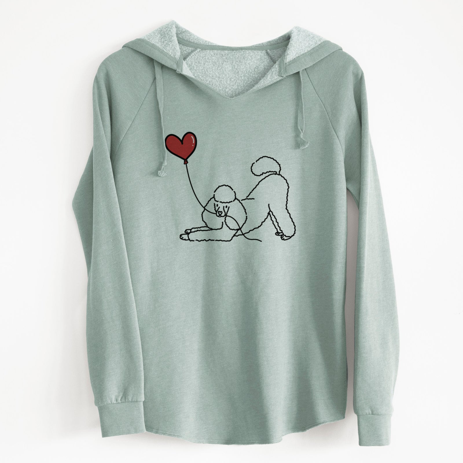 Minimalist line drawing of a Mini Poodle Heart String holding a heart balloon on a Sage Cali Wave Hooded Sweatshirt
