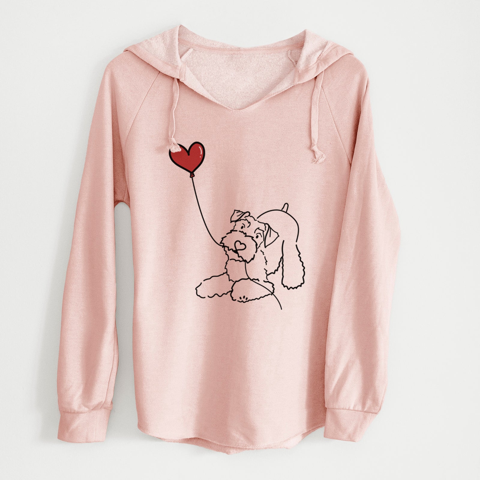 Minimalist line drawing of a Mini Schnauzer Heart String holding a heart balloon on a Blush Cali Wave Hooded Sweatshirt