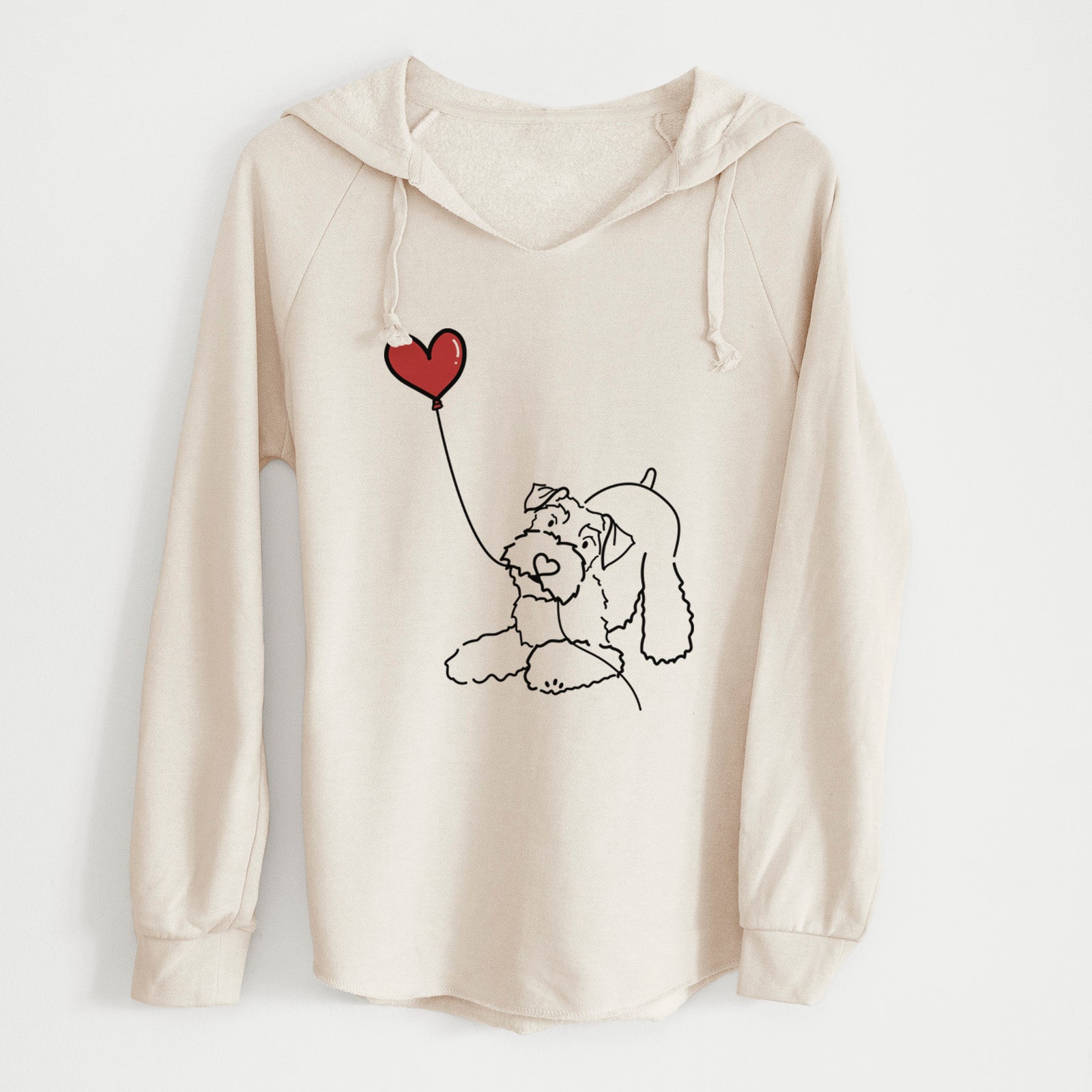 Minimalist line drawing of a Mini Schnauzer Heart String holding a heart balloon on a Bone Cali Wave Hooded Sweatshirt