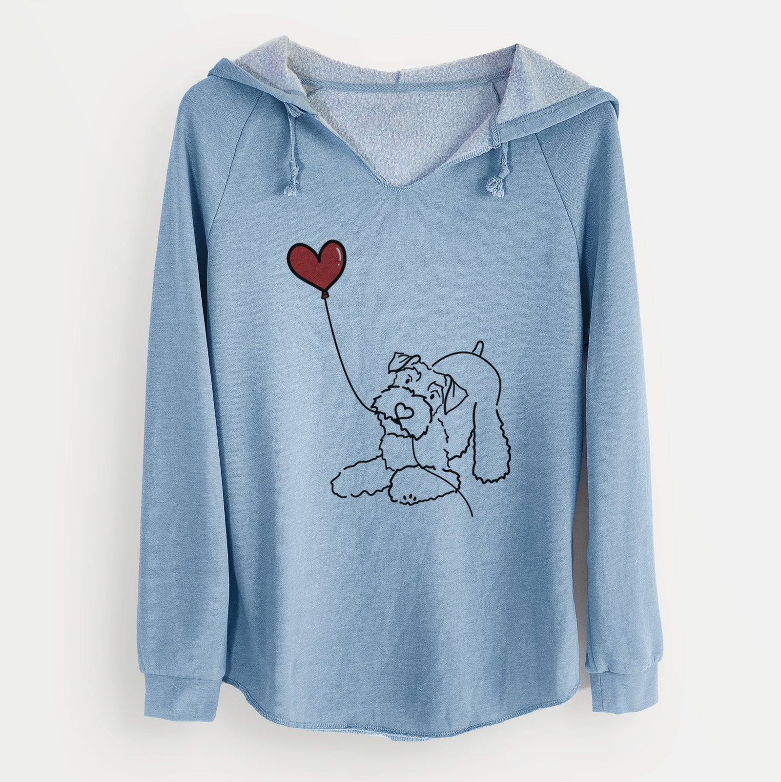 Minimalist line drawing of a Mini Schnauzer Heart String holding a heart balloon on a Misty Blue Cali Wave Hooded Sweatshirt