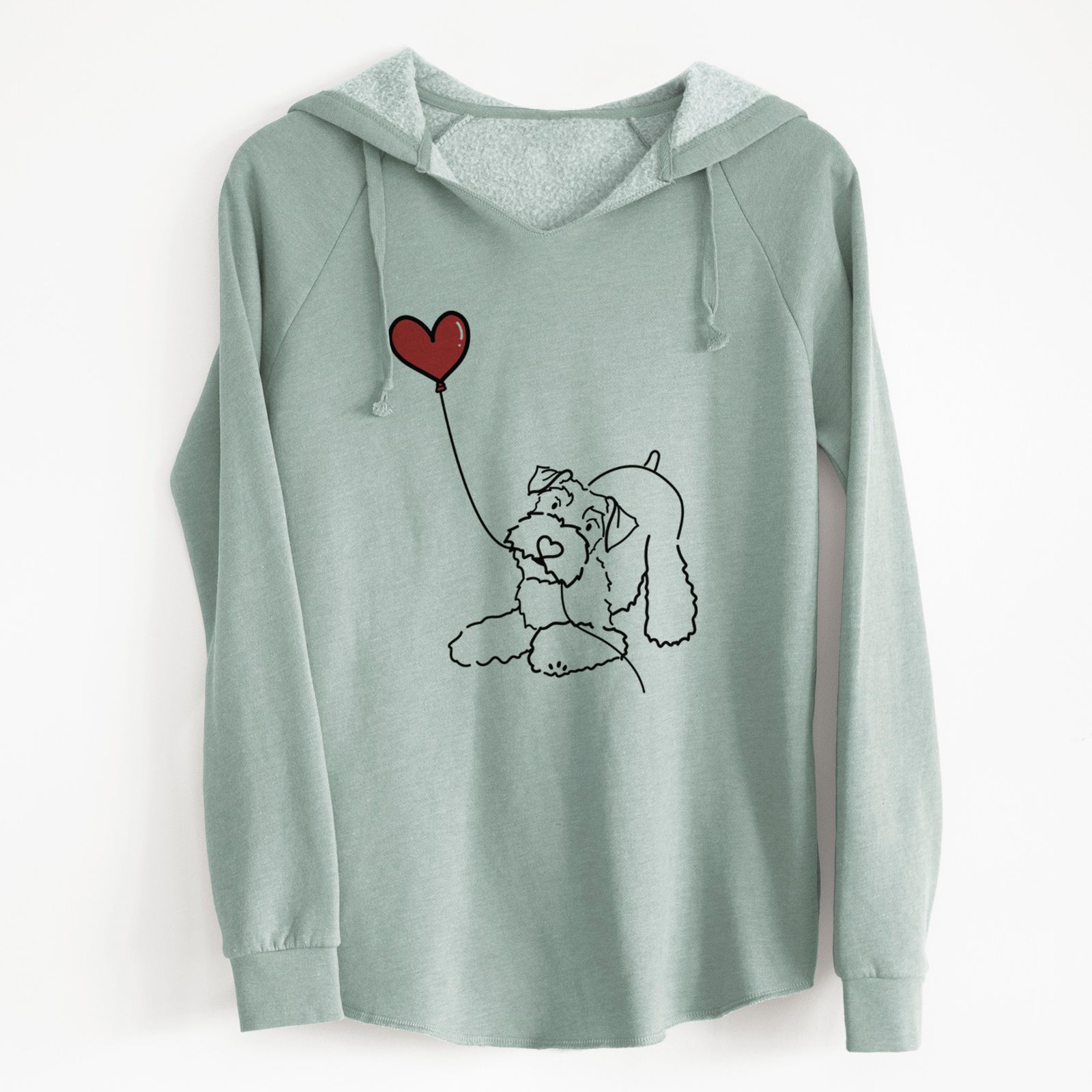 Minimalist line drawing of a Mini Schnauzer Heart String holding a heart balloon on a Sage Cali Wave Hooded Sweatshirt