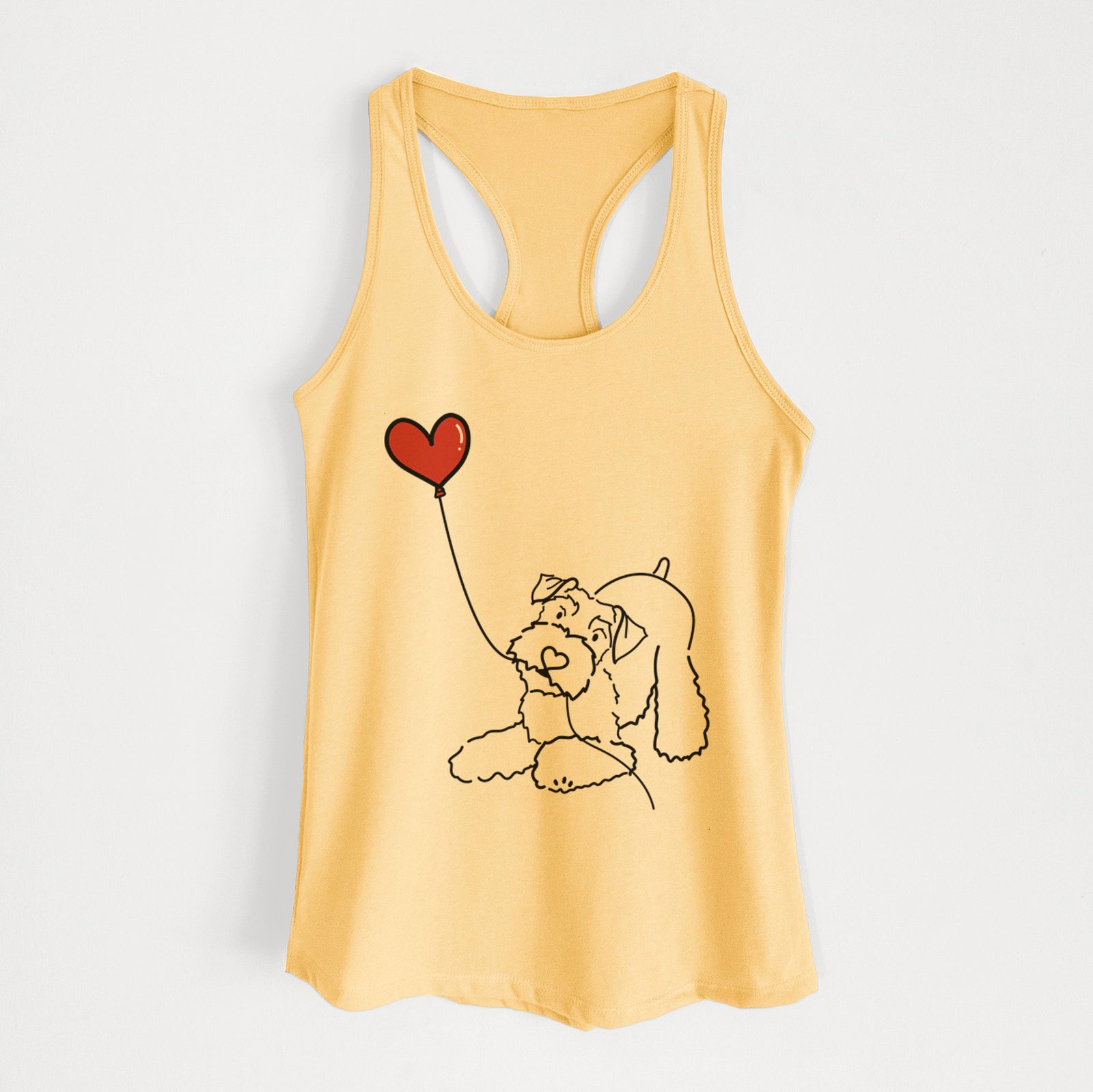 Minimalist line drawing of a Mini Schnauzer Heart String holding a heart balloon on a Banana Cream Women's racerback tanktop