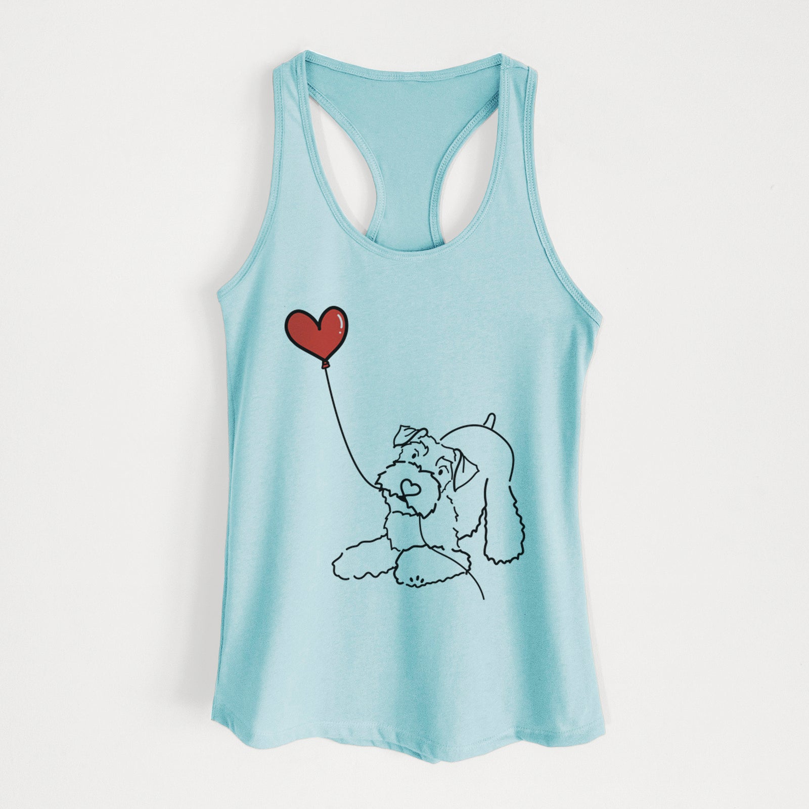 Minimalist line drawing of a Mini Schnauzer Heart String holding a heart balloon on a Cancun Blue Women's racerback tanktop