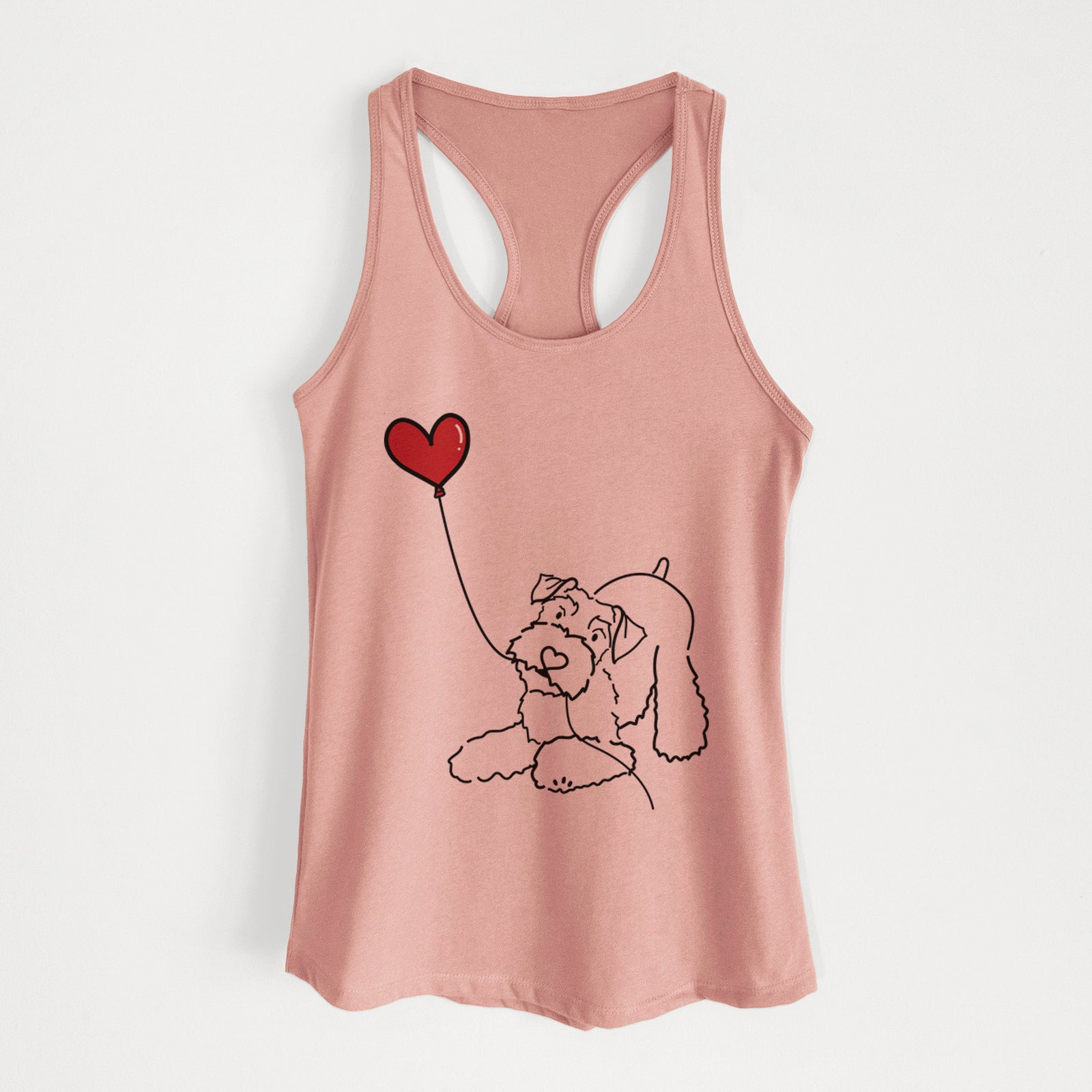 Minimalist line drawing of a Mini Schnauzer Heart String holding a heart balloon on a Desert Pink Women's racerback tanktop