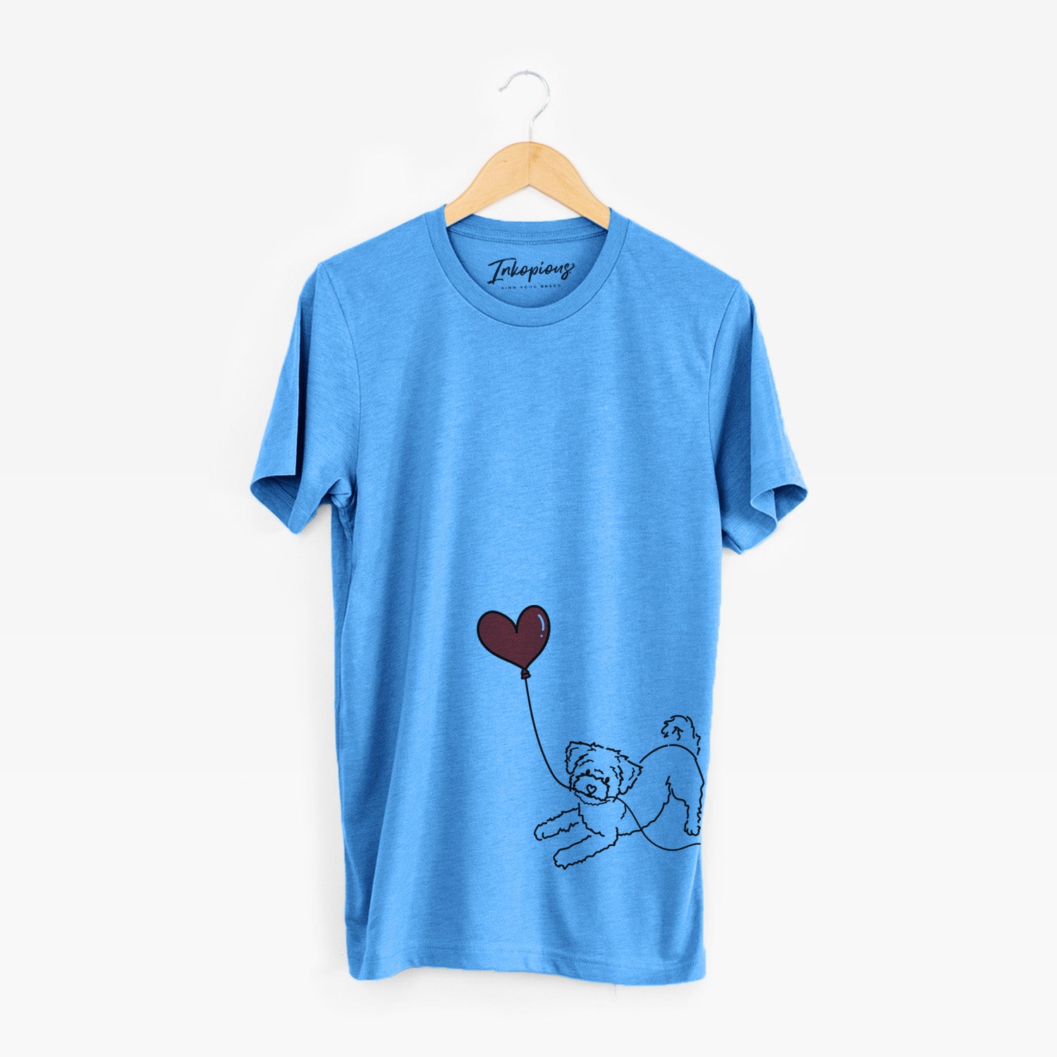 Minimalist line drawing of a Morkie Heart String holding a heart balloon on a Blue Unisex crewneck