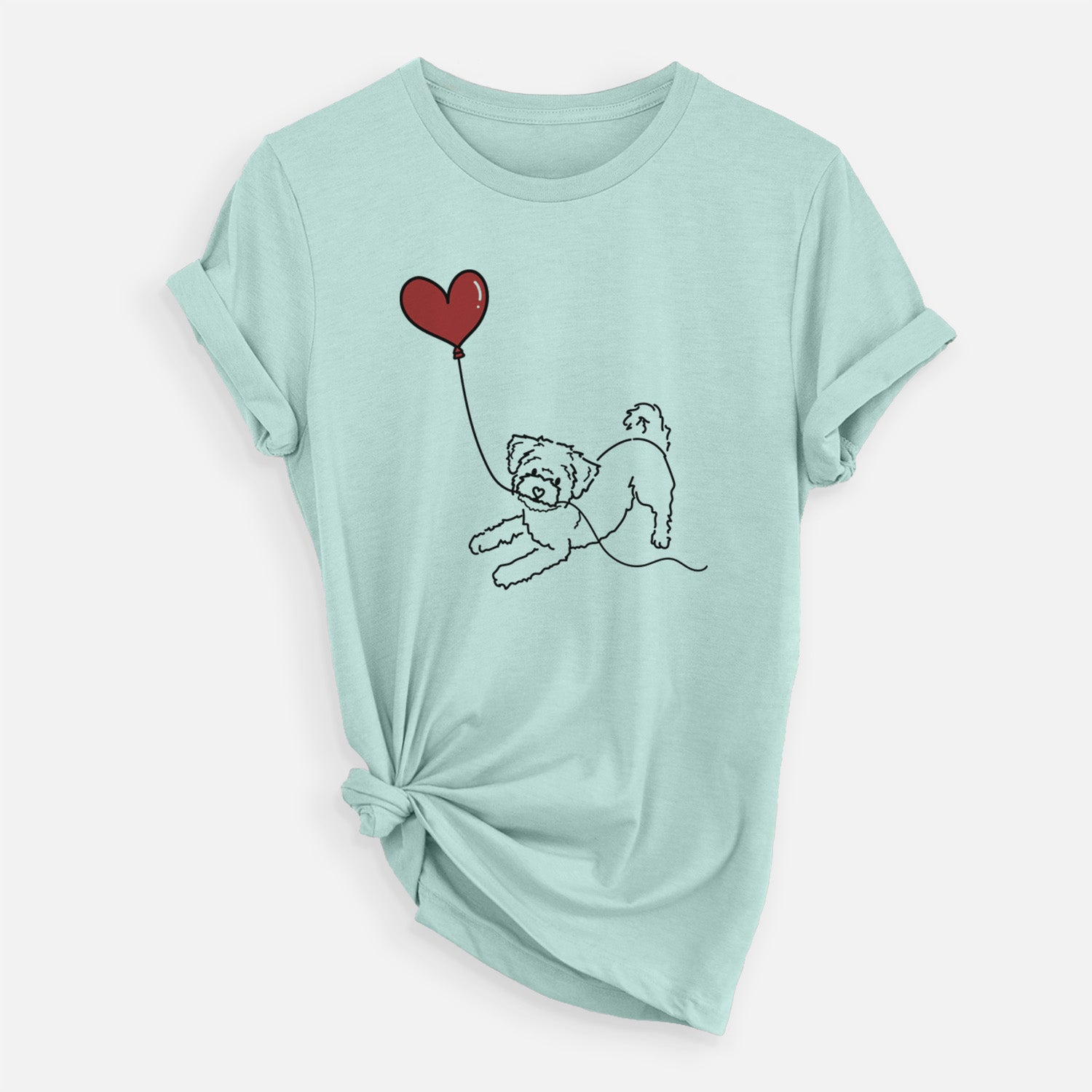 Minimalist line drawing of a Morkie Heart String holding a heart balloon on a Heather Sage Unisex crewneck