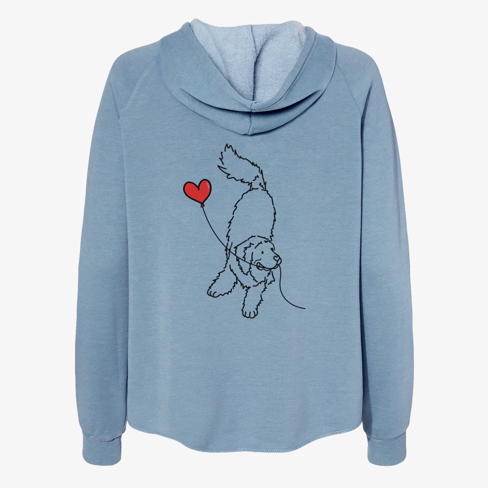 Minimalist line drawing of a Newfoundland Heart String- Women's Cali Wave Zip-Up Sweatshirt holding a heart balloon on a Misty Blue Cali Wave Zipup Sweatshirt
