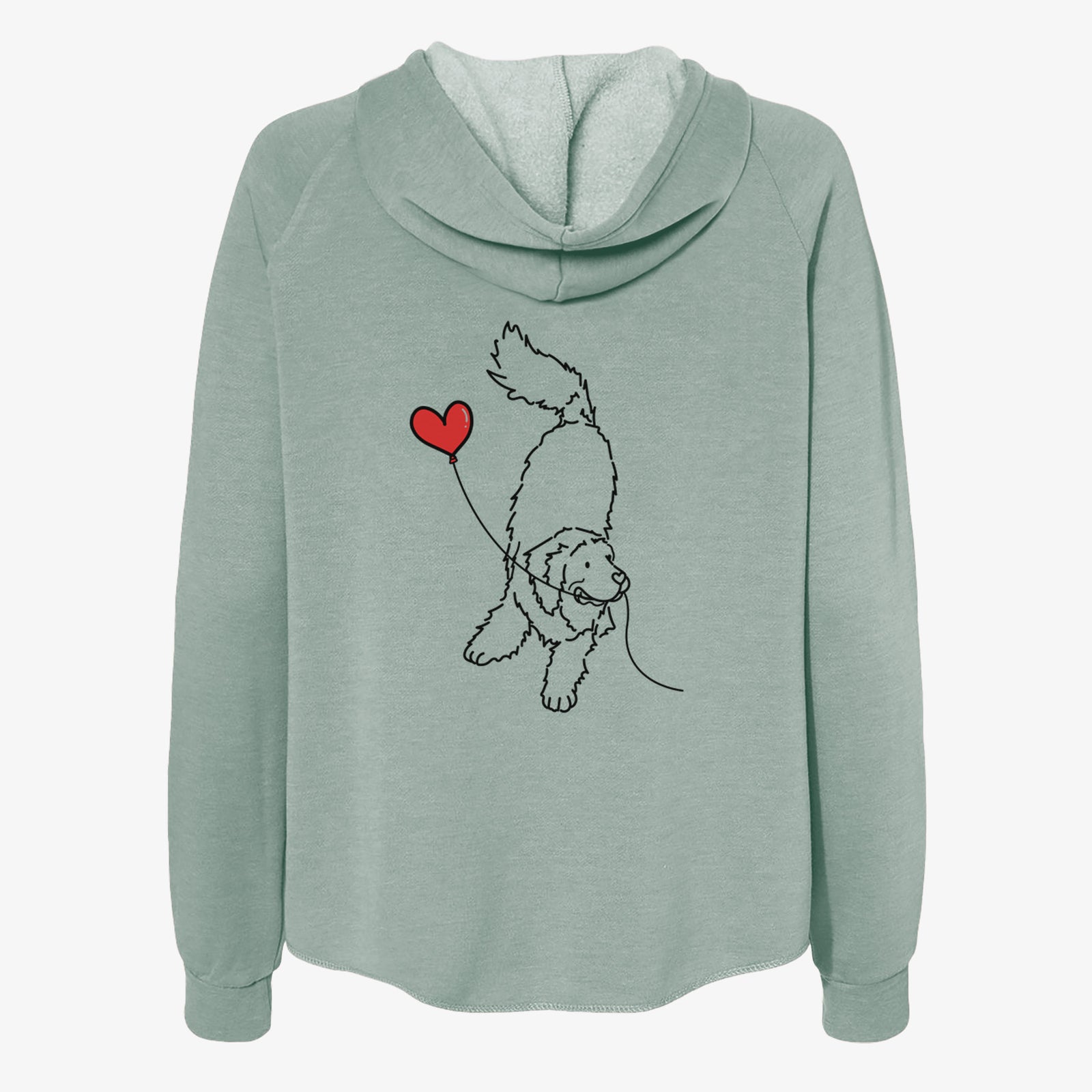 Minimalist line drawing of a Newfoundland Heart String- Women's Cali Wave Zip-Up Sweatshirt holding a heart balloon on a Sage Cali Wave Zipup Sweatshirt
