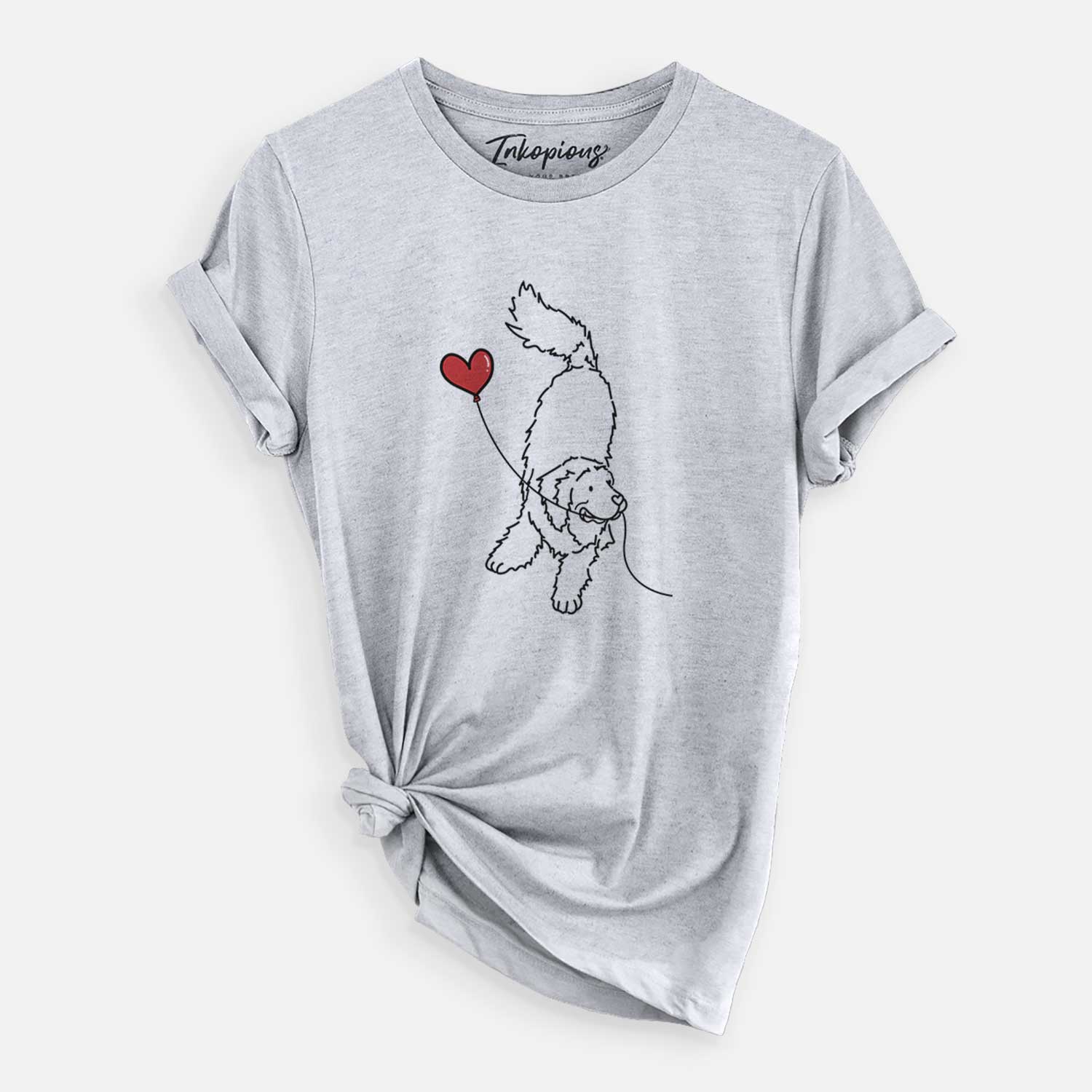 Minimalist line drawing of a Newfoundland Heart String holding a heart balloon on a Grey Unisex crewneck
